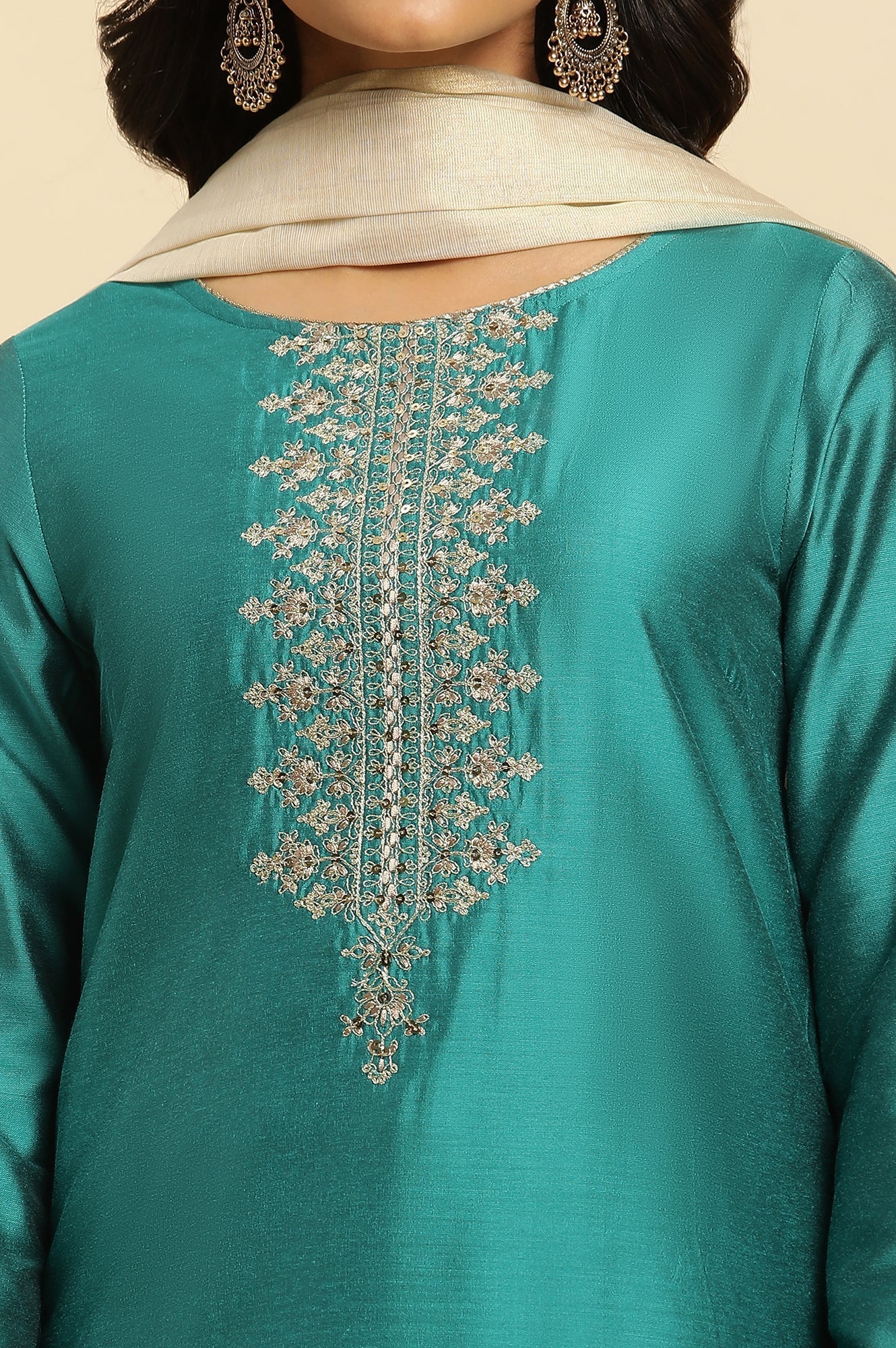 W for Woman Teal Blue Zari Embroidered Straight Kurta, Pant And Dupatta Set