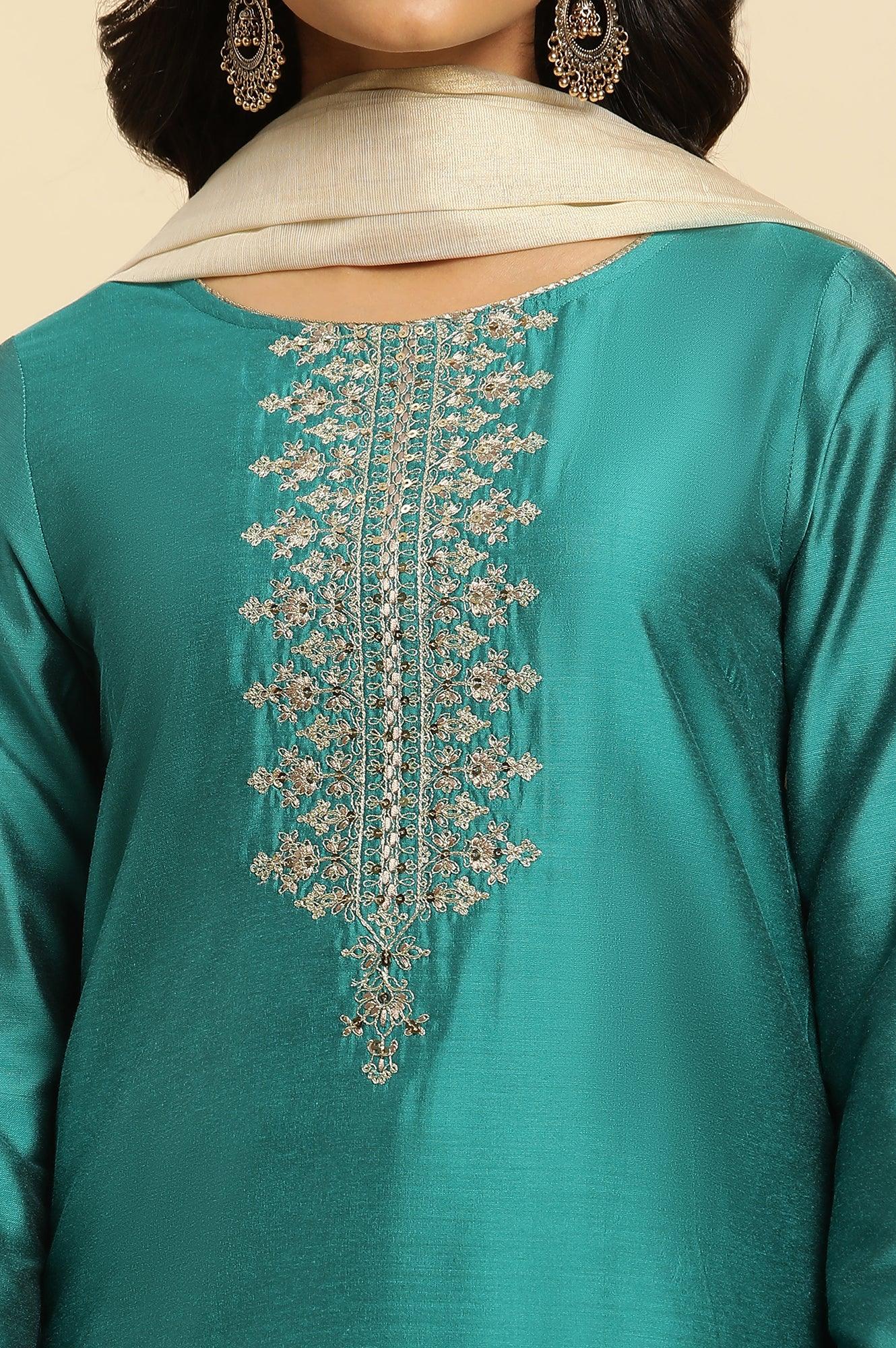 W for Woman Teal Blue Zari Embroidered Straight Kurta, Pant And Dupatta Set