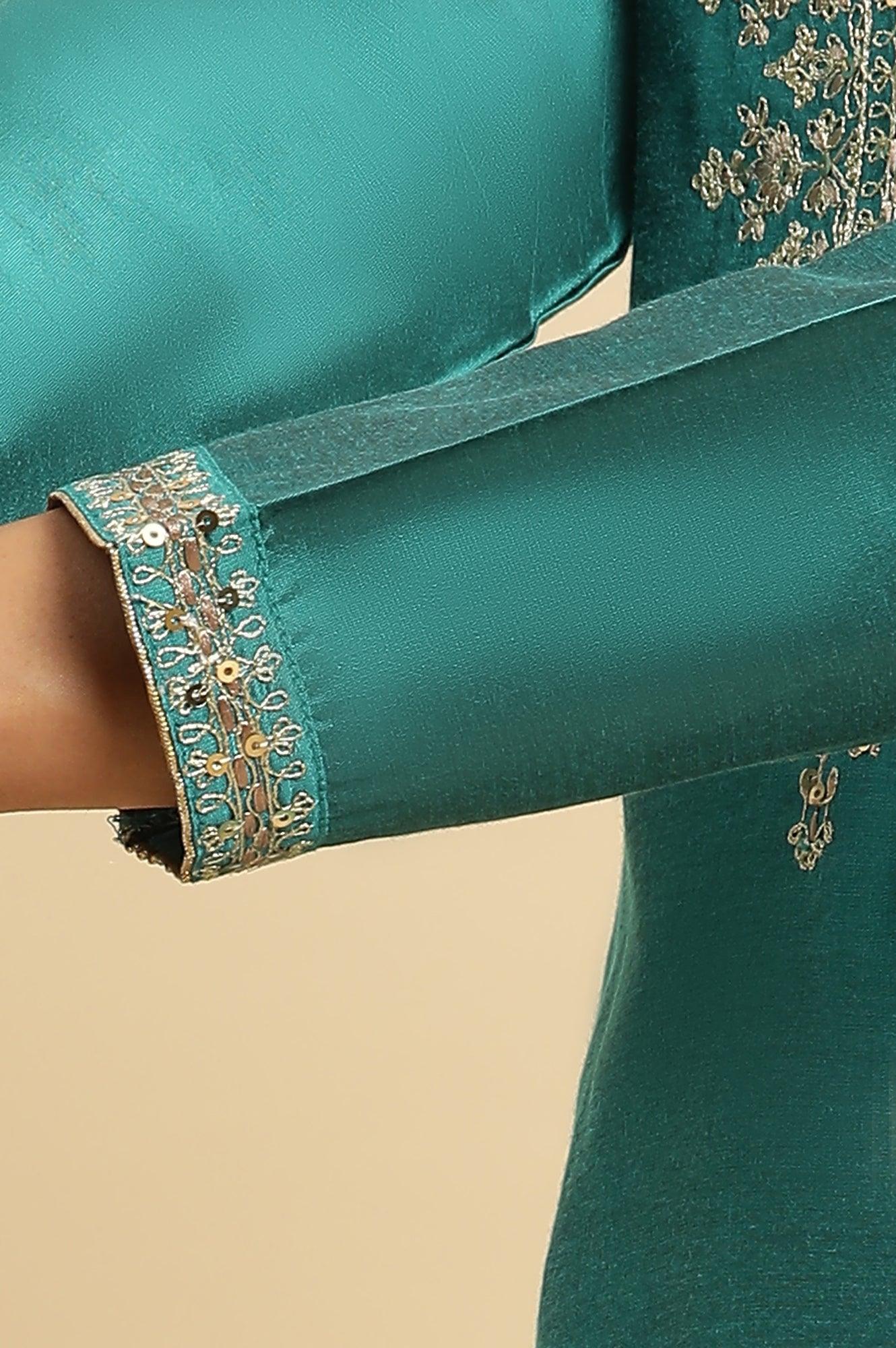 W for Woman Teal Blue Zari Embroidered Straight Kurta, Pant And Dupatta Set