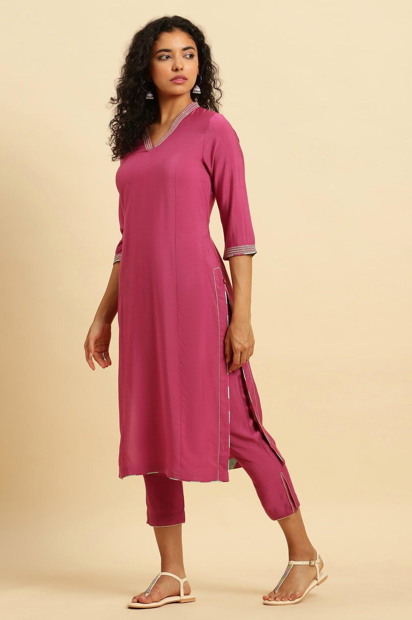 W for Woman Pink Embellished Kurta, Pants And Jacquard Dupatta Set