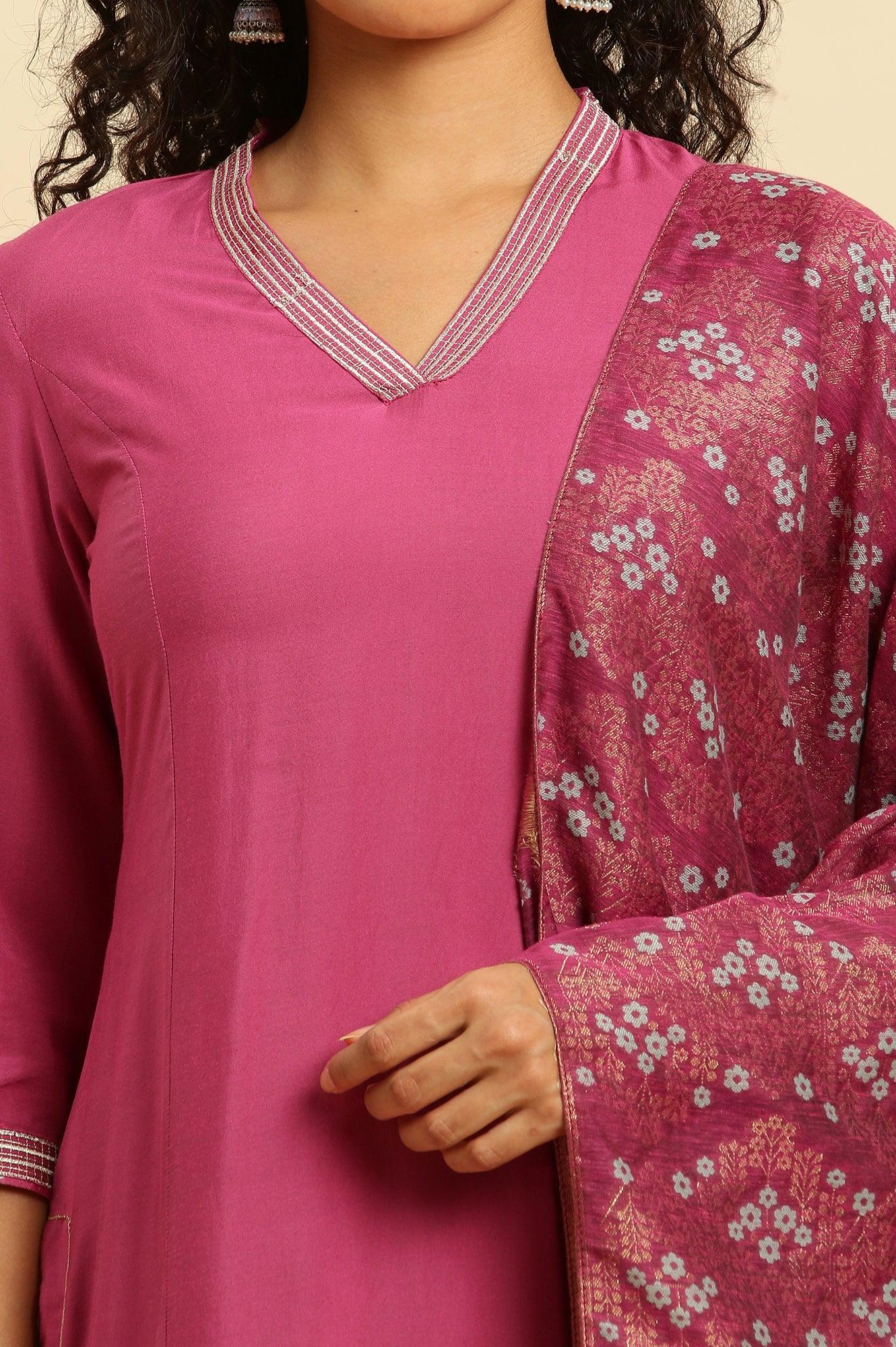 W for Woman Pink Embellished Kurta, Pants And Jacquard Dupatta Set