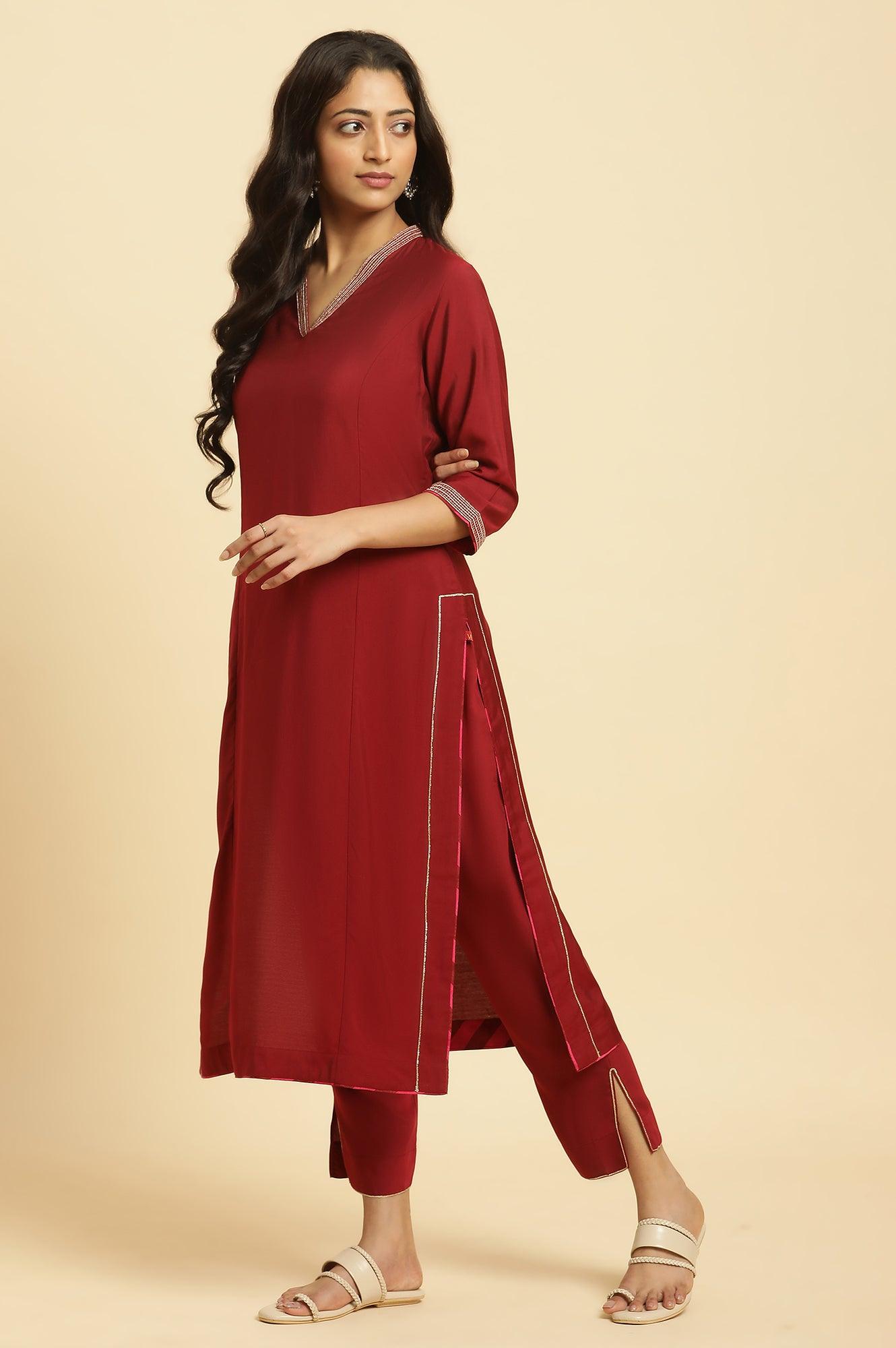 W for Woman Maroon Solid Kurta, Pants And Jacquard Dupatta