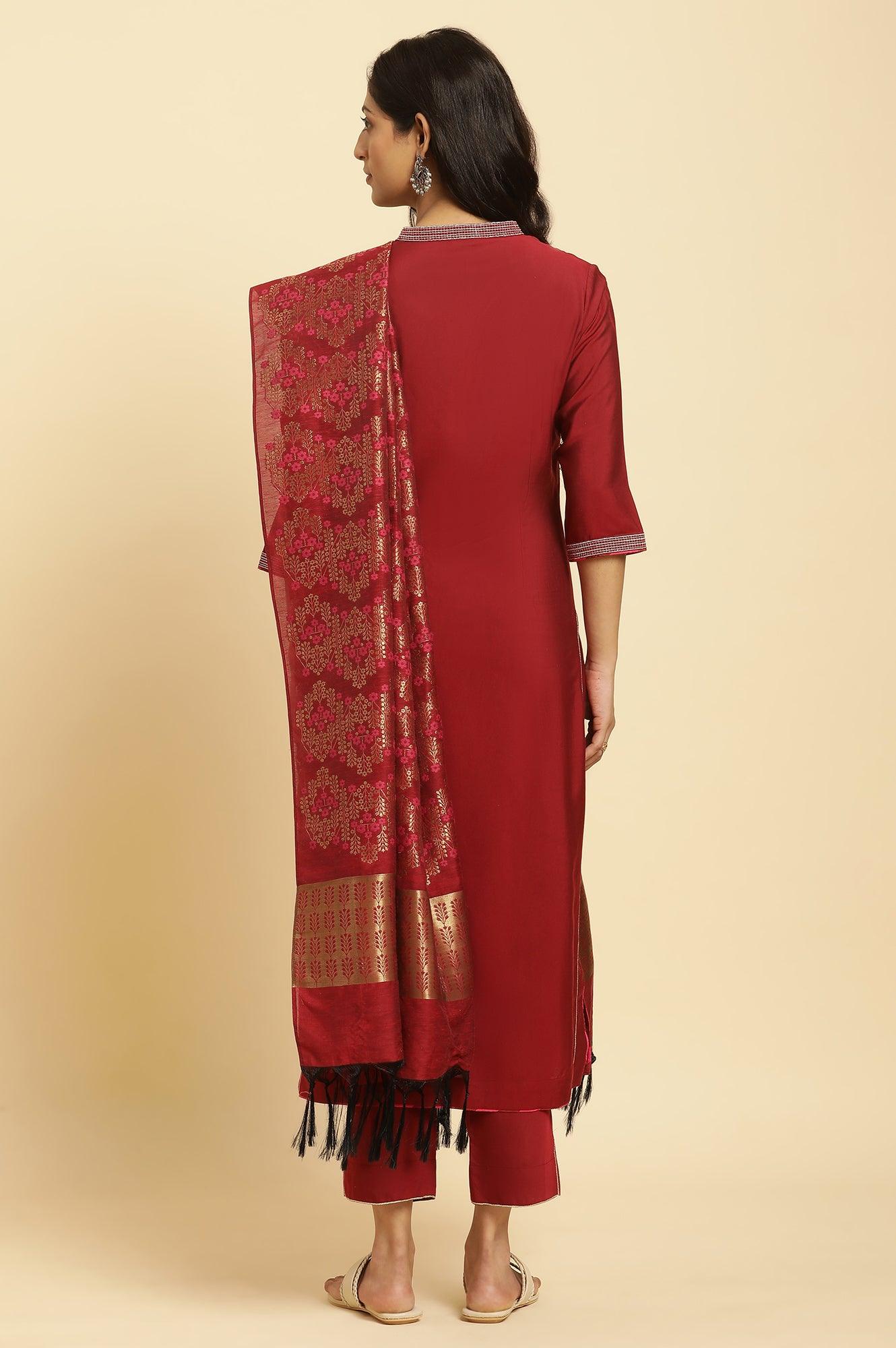 W for Woman Maroon Solid Kurta, Pants And Jacquard Dupatta