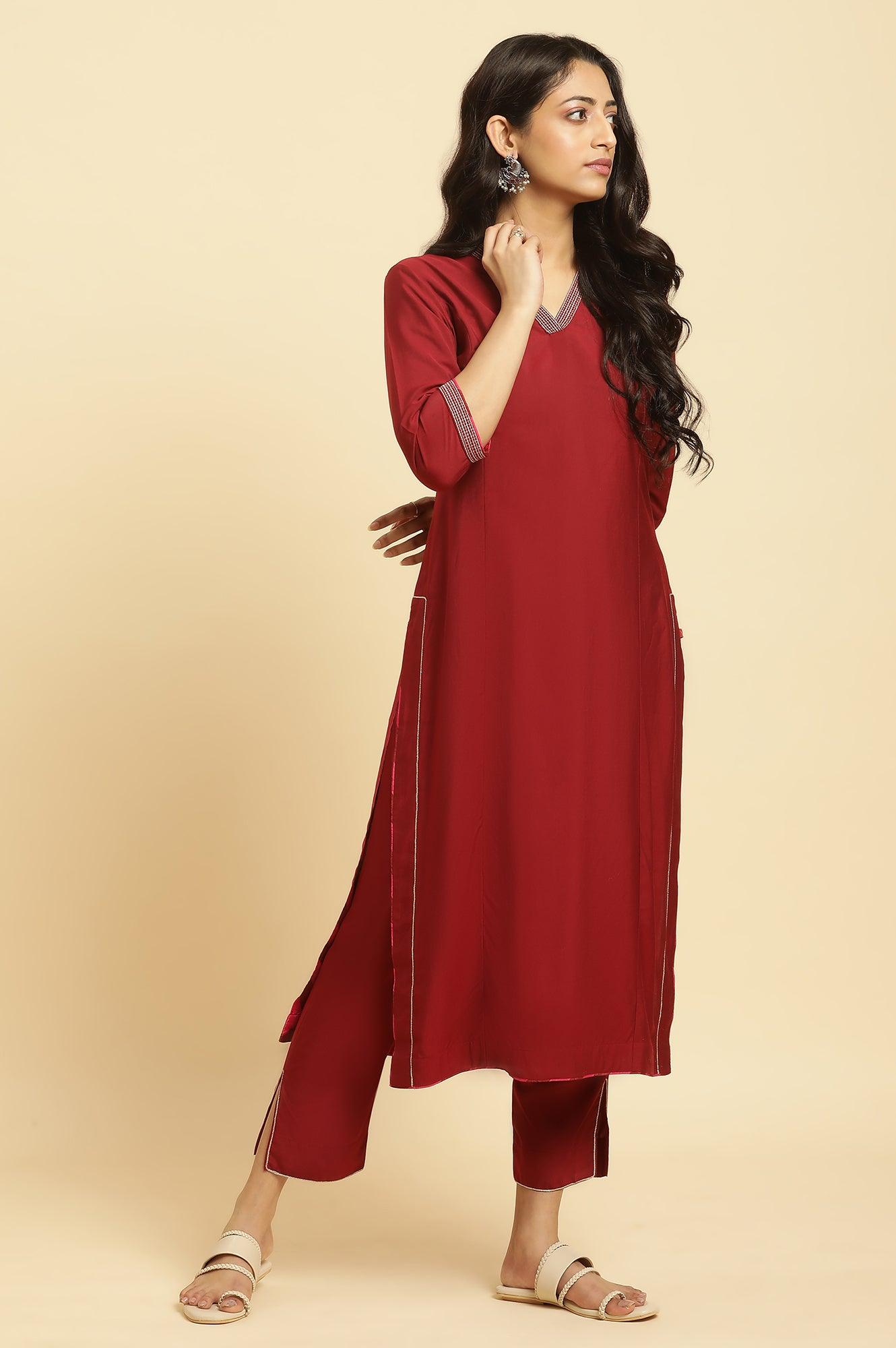 W for Woman Maroon Solid Kurta, Pants And Jacquard Dupatta