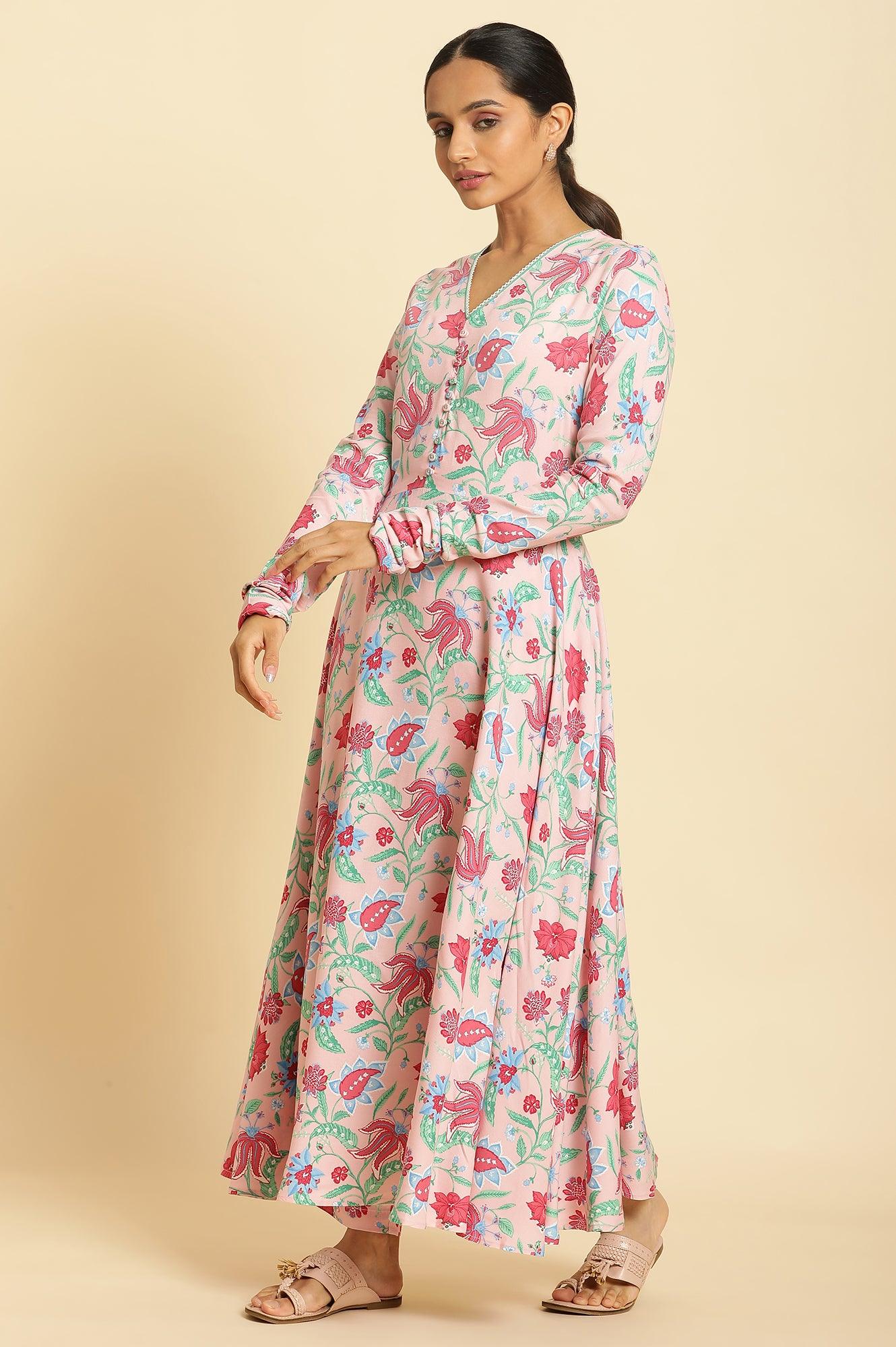 W for Woman Flamingo Pink Floral Printed Anarkali Kurta, Pants And Dupatta Set