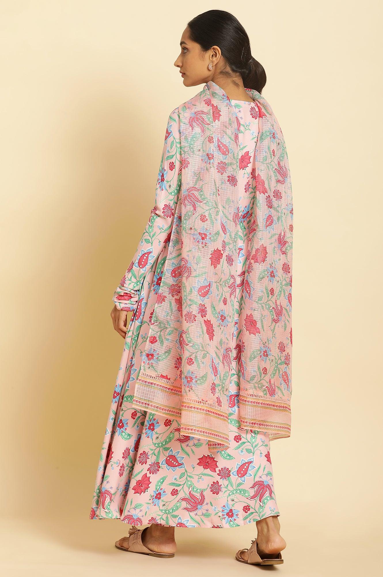 W for Woman Flamingo Pink Floral Printed Anarkali Kurta, Pants And Dupatta Set