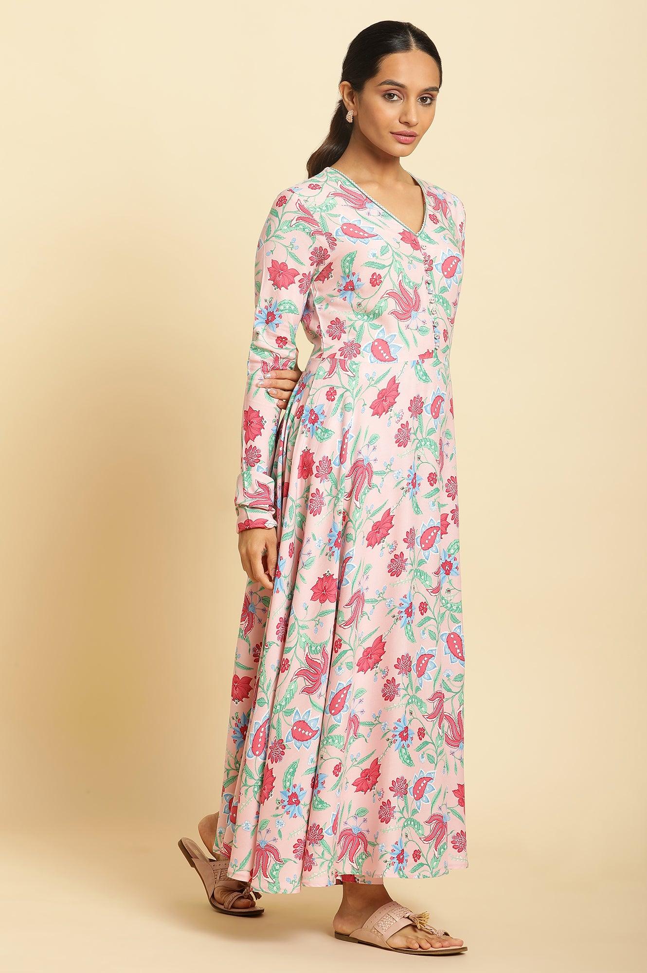 W for Woman Flamingo Pink Floral Printed Anarkali Kurta, Pants And Dupatta Set