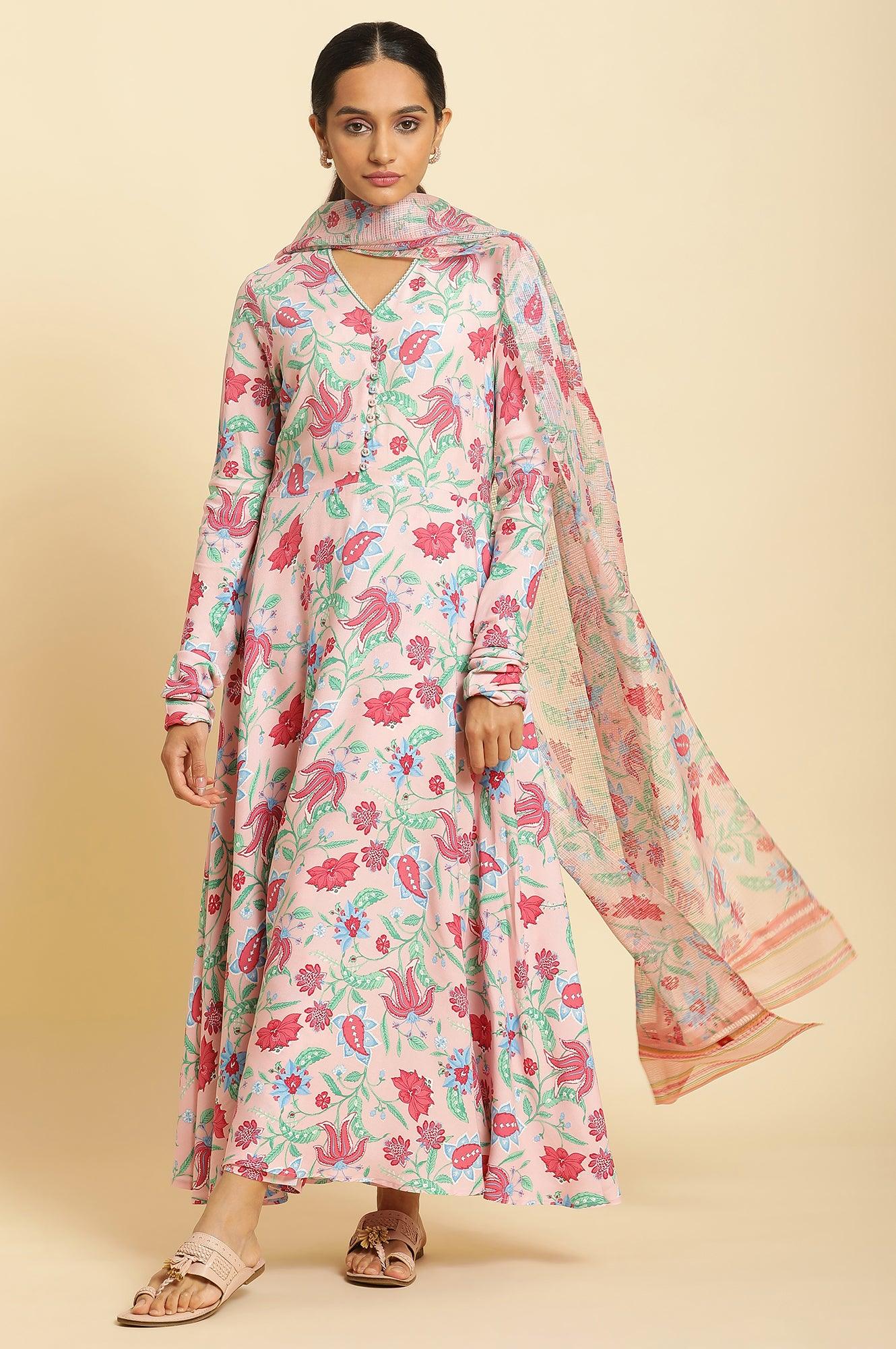W for Woman Flamingo Pink Floral Printed Anarkali Kurta, Pants And Dupatta Set
