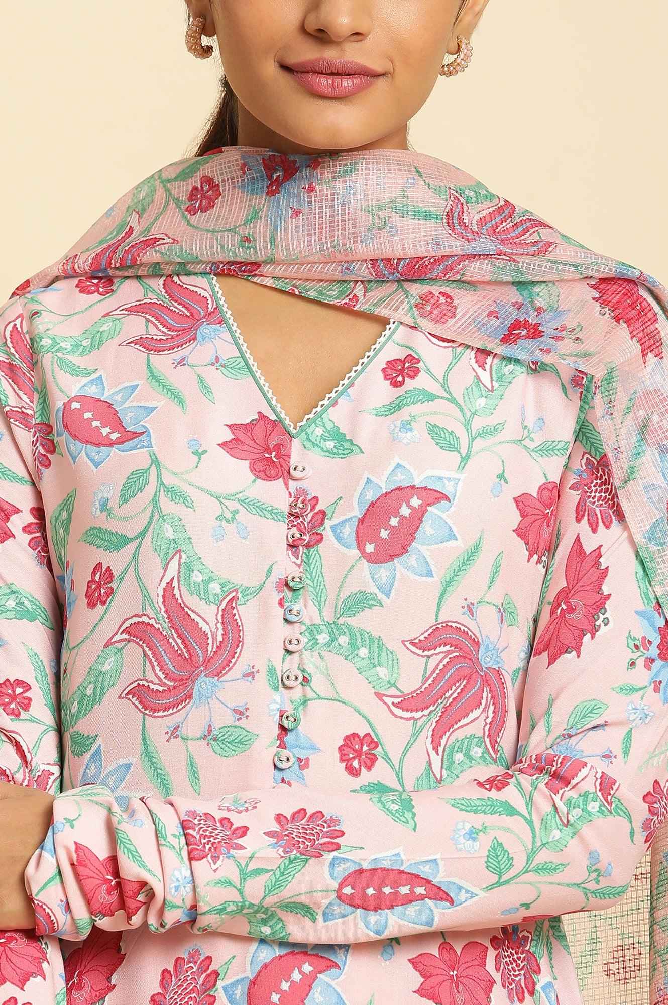 W for Woman Flamingo Pink Floral Printed Anarkali Kurta, Pants And Dupatta Set