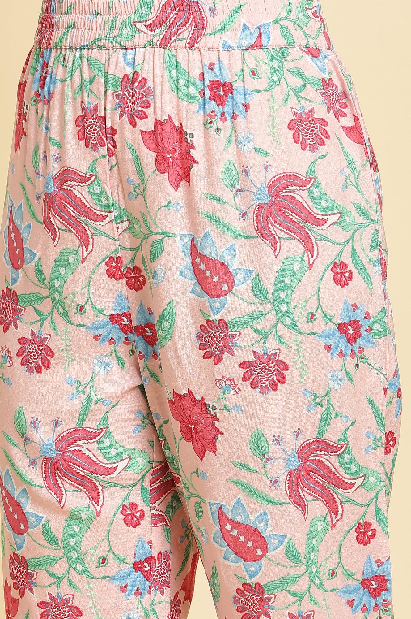 W for Woman Flamingo Pink Floral Printed Anarkali Kurta, Pants And Dupatta Set