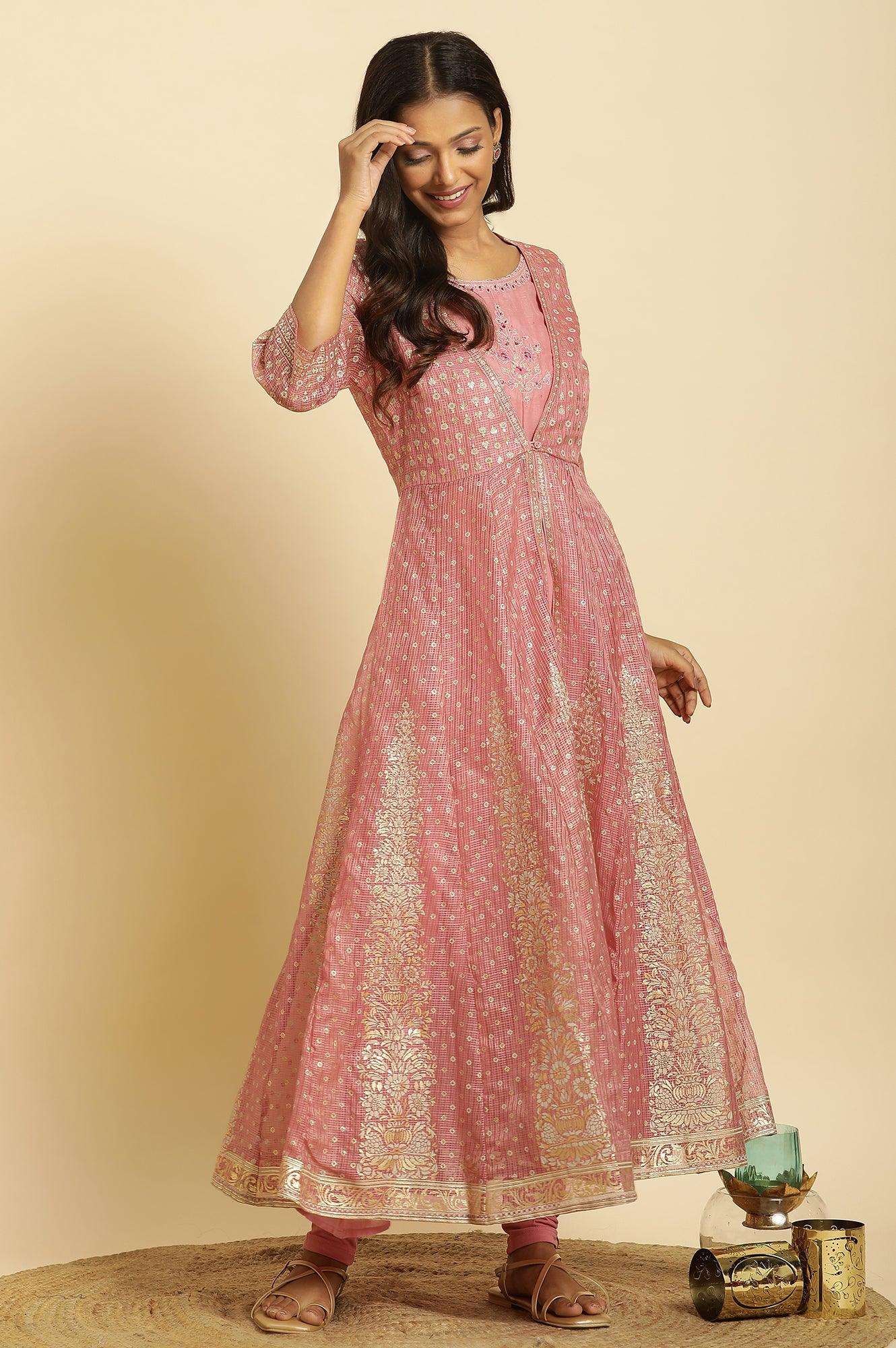 W for Woman Pink Foil Printed Mock Layered Kurta And Tights Set