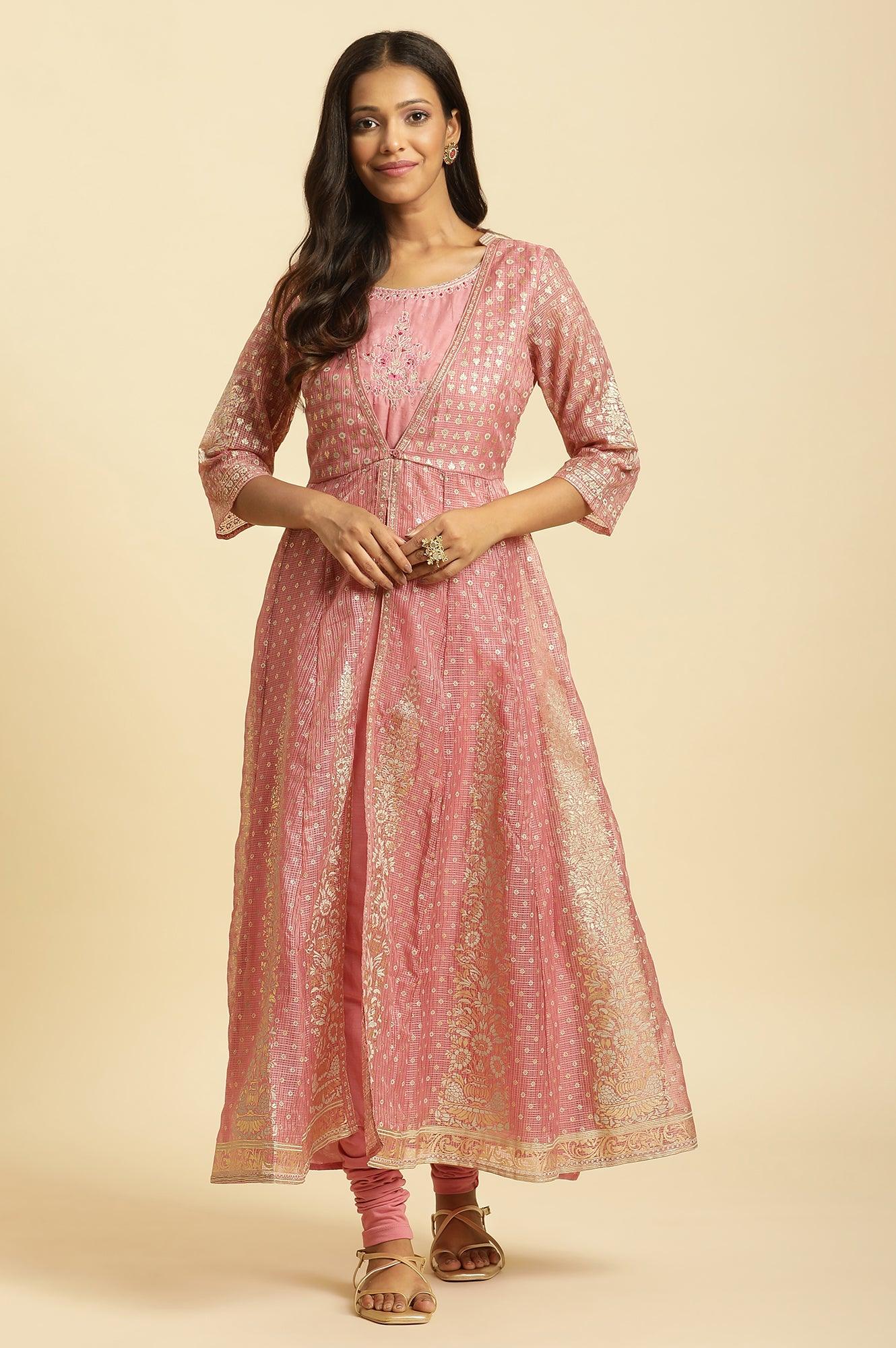 W for Woman Pink Foil Printed Mock Layered Kurta And Tights Set