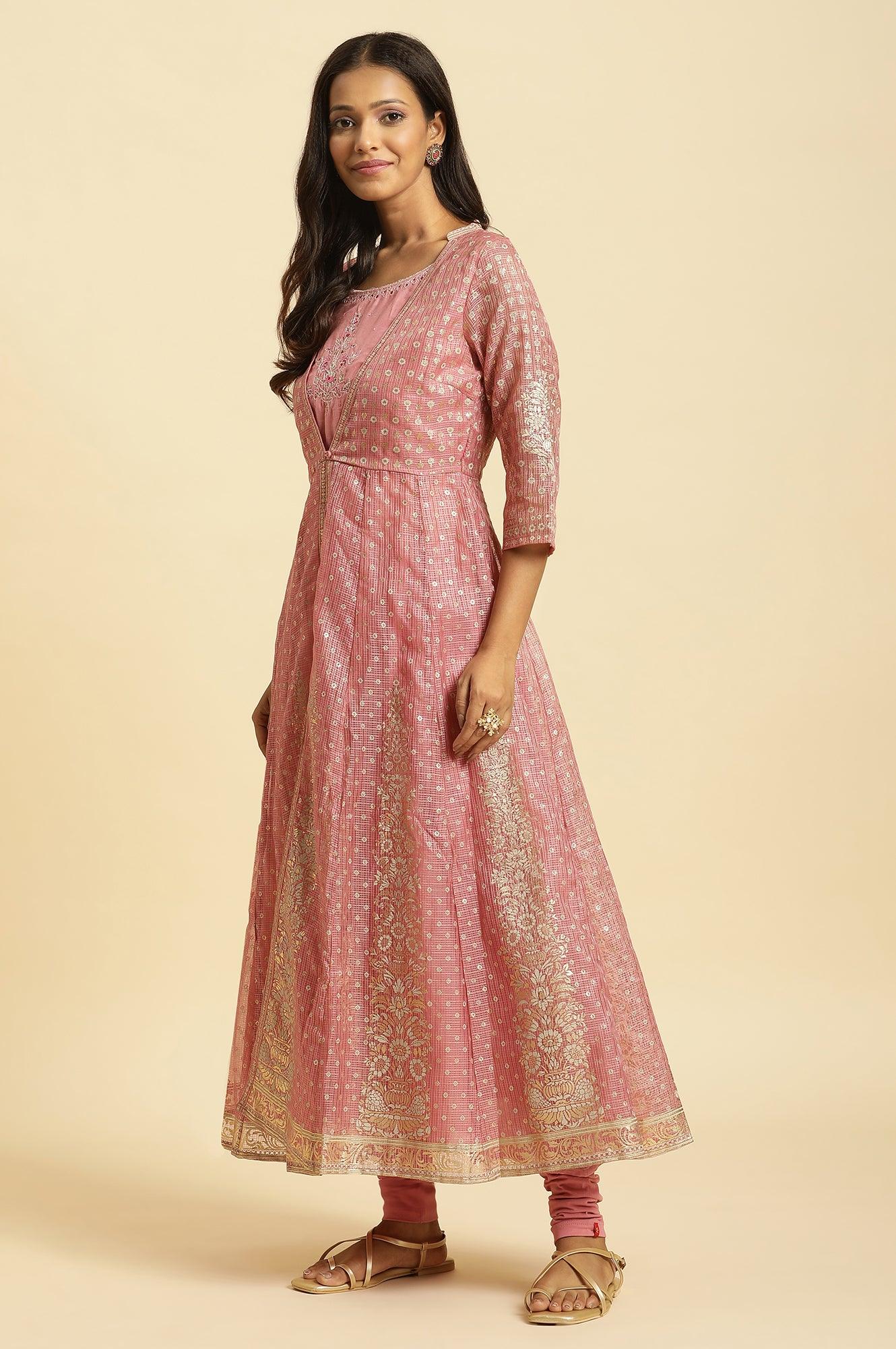 W for Woman Pink Foil Printed Mock Layered Kurta And Tights Set