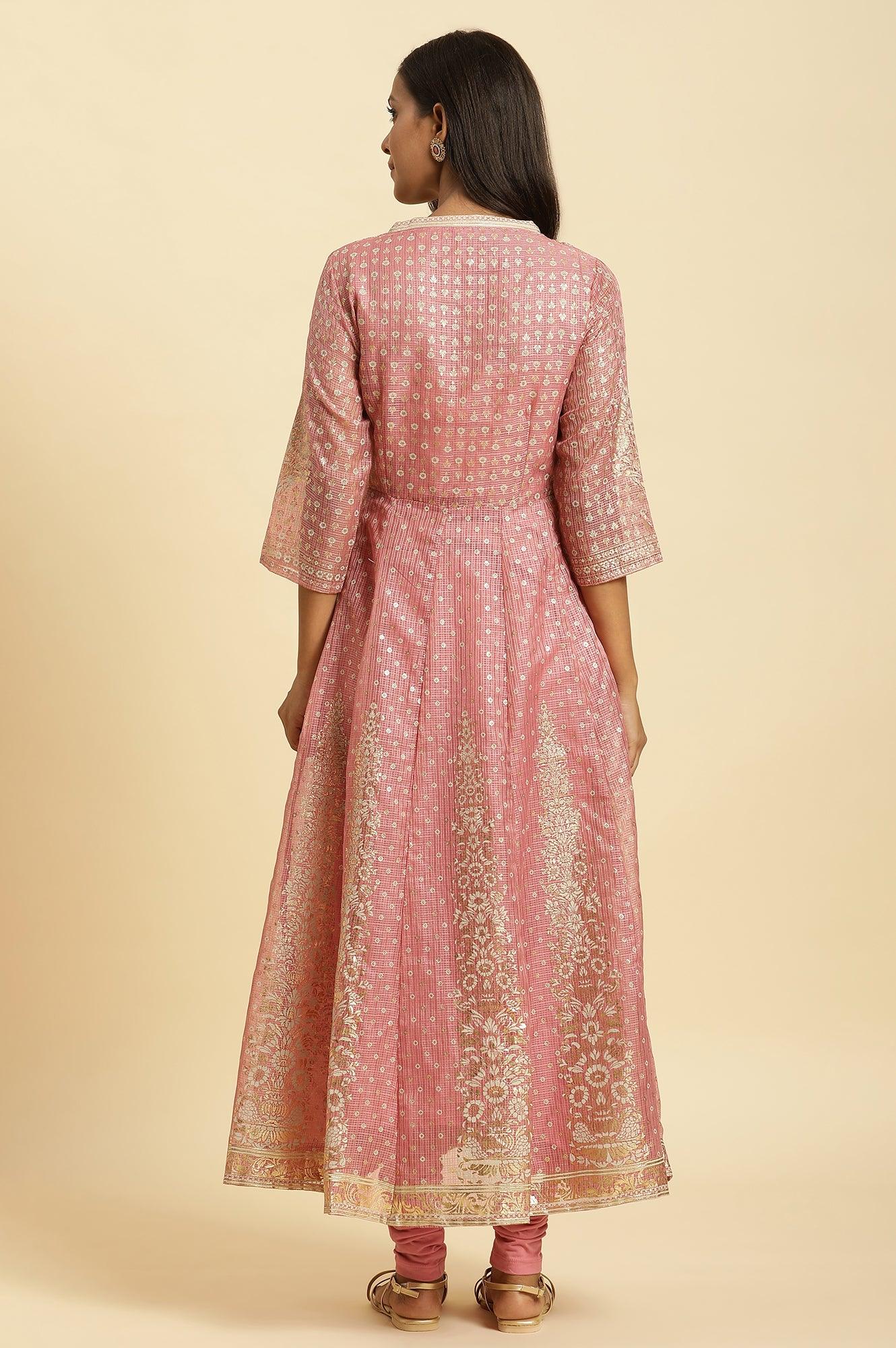 W for Woman Pink Foil Printed Mock Layered Kurta And Tights Set