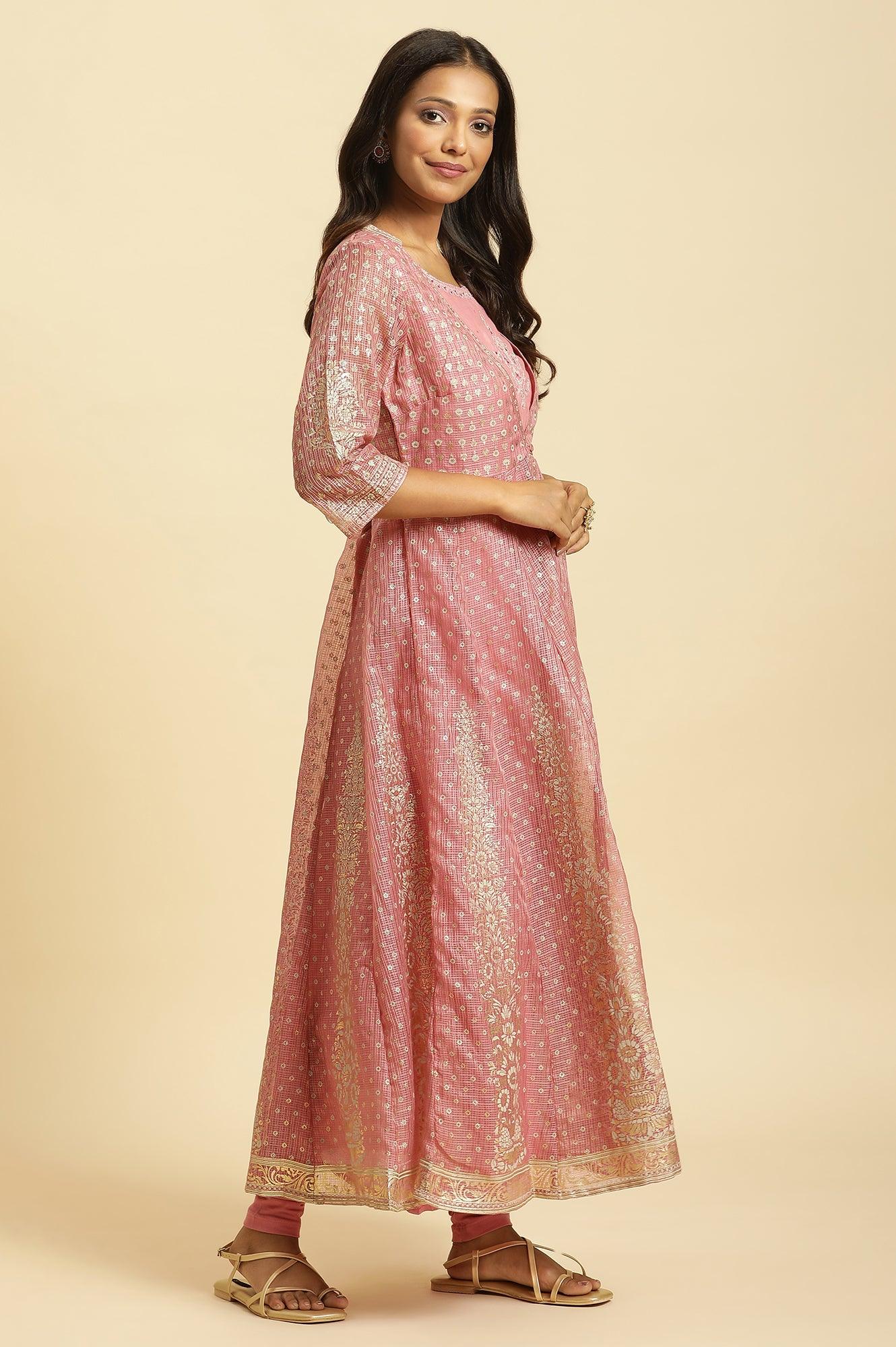 W for Woman Pink Foil Printed Mock Layered Kurta And Tights Set