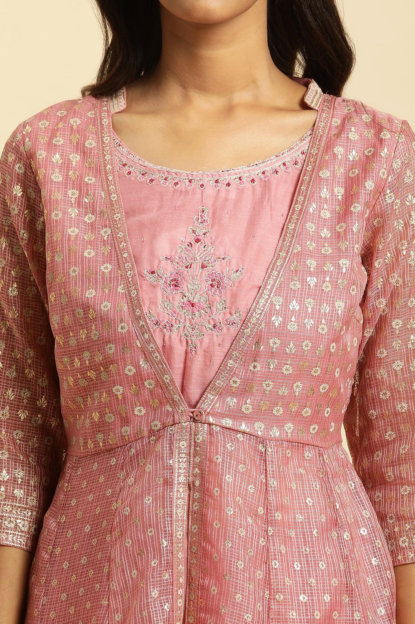 W for Woman Pink Foil Printed Mock Layered Kurta And Tights Set
