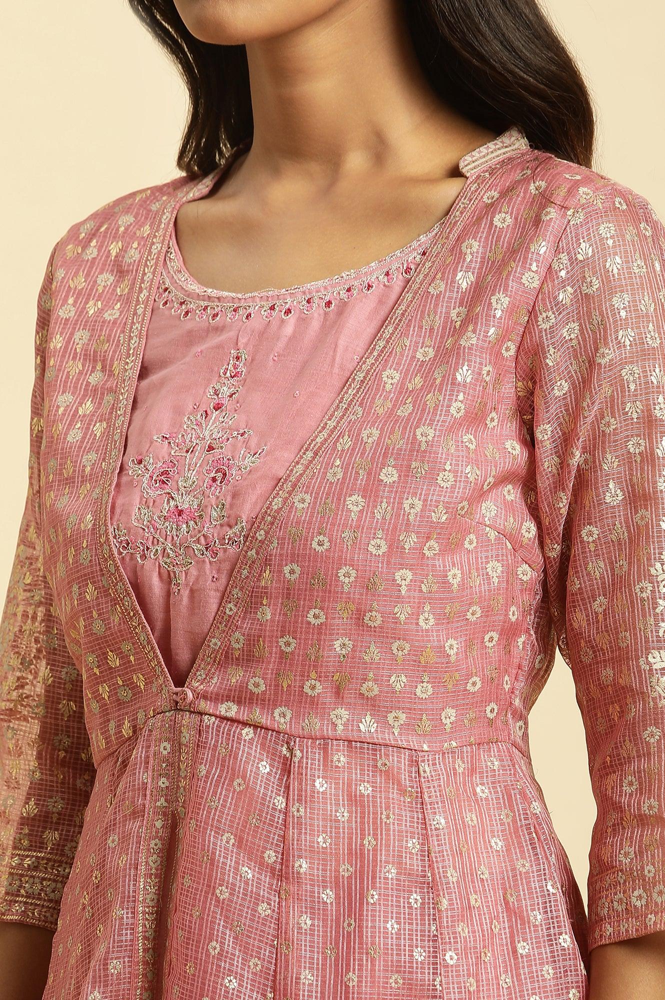 W for Woman Pink Foil Printed Mock Layered Kurta And Tights Set