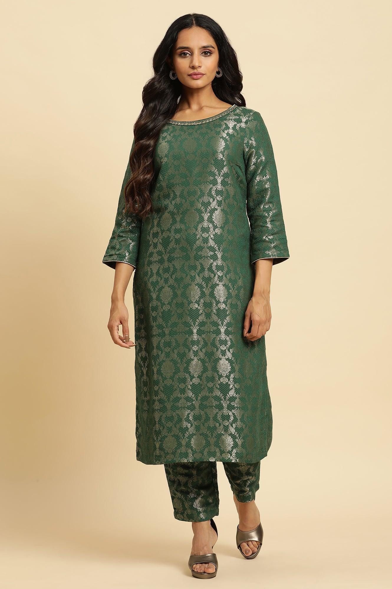 W for Woman Green Jacquard Rayon Kurta and Pants Ethnic Festive Co-ord Set