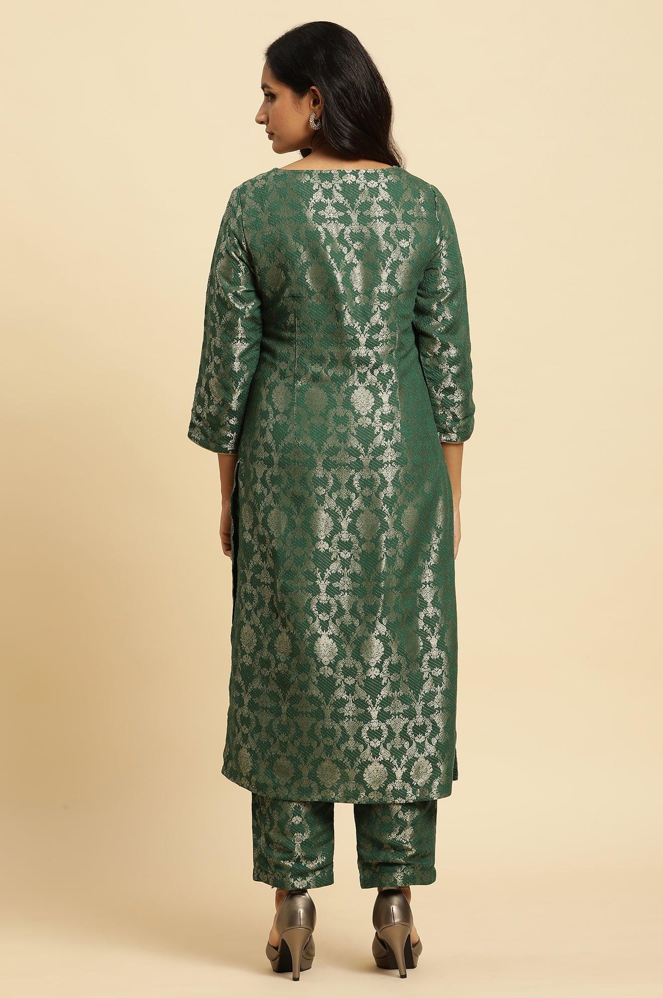 W for Woman Green Jacquard Rayon Kurta and Pants Ethnic Festive Co-ord Set