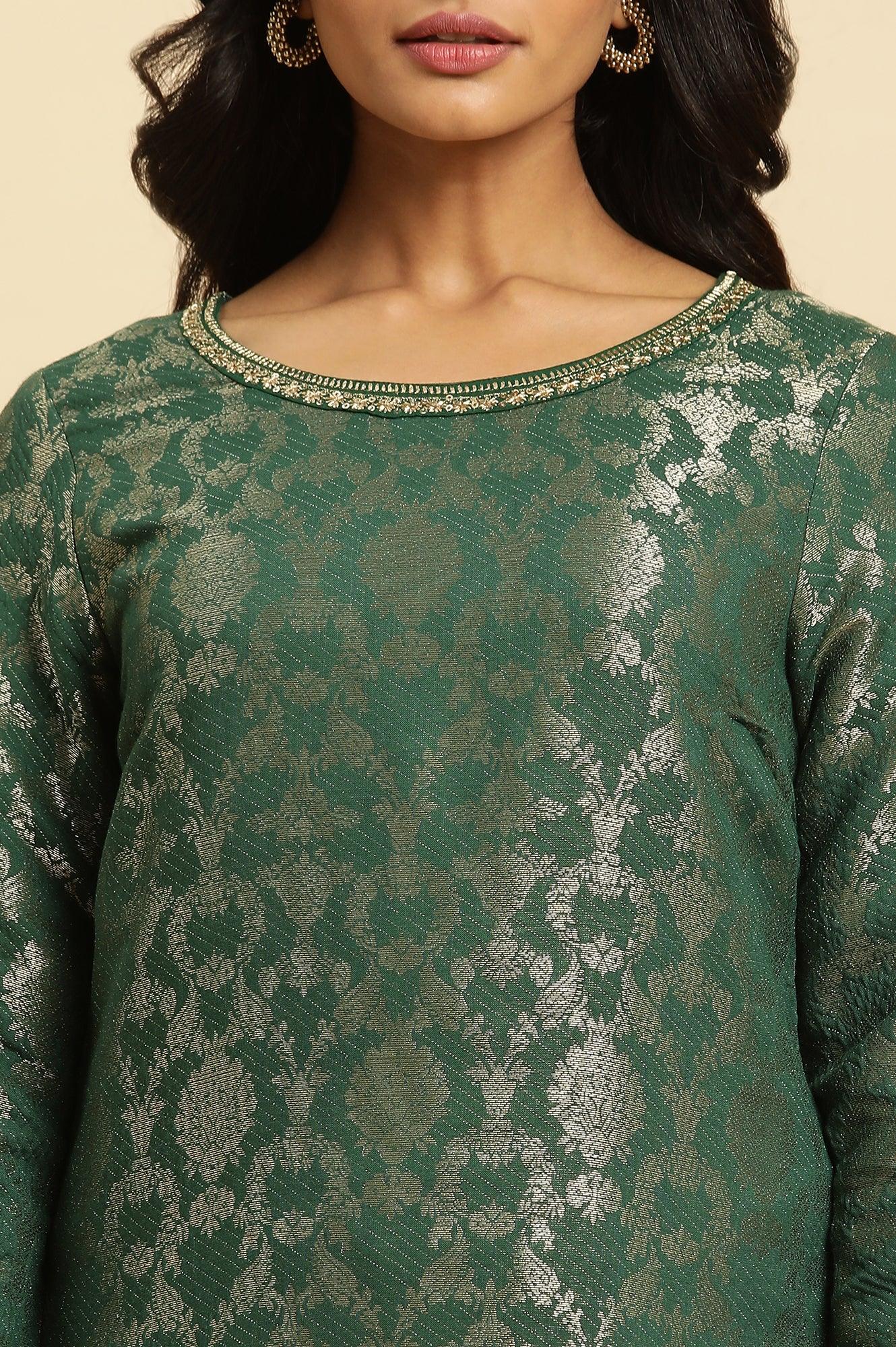 W for Woman Green Jacquard Rayon Kurta and Pants Ethnic Festive Co-ord Set