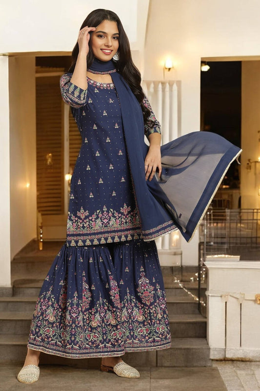 W for Woman Blue Floral Printed Kurta, Sharara And Dupatta Set