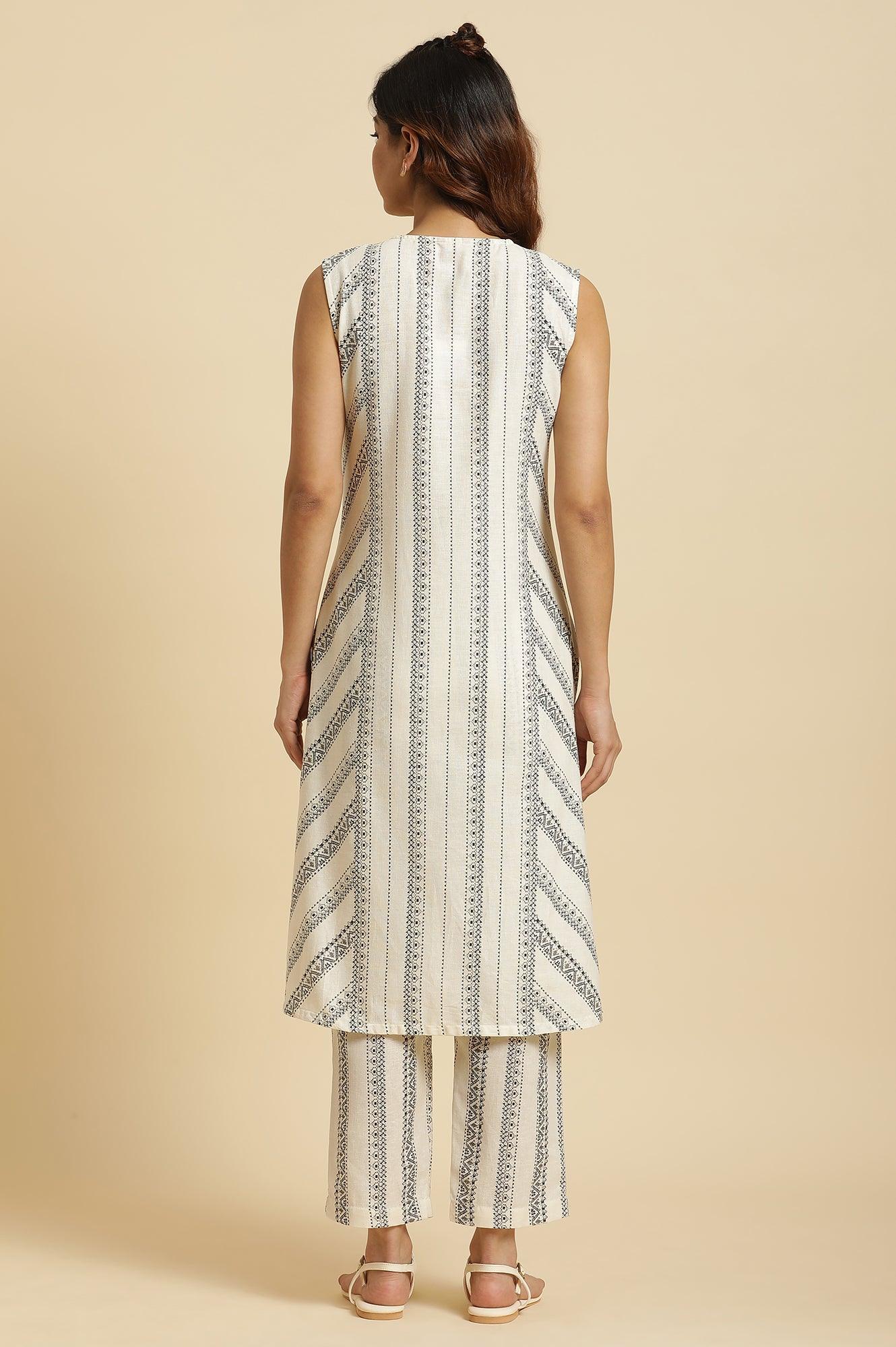 W for Woman Ecru Printed Kurta & Pants Co-Ord Set With Kantha Detail