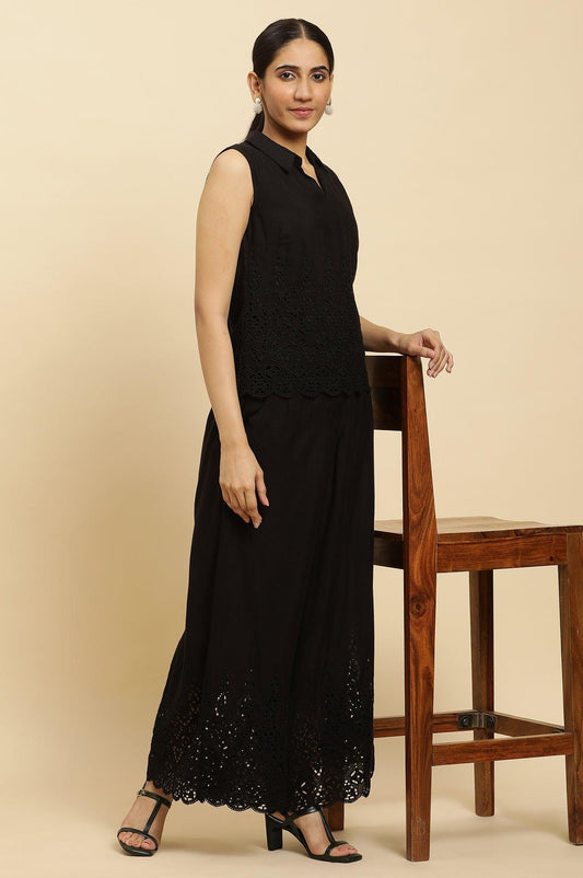 W for Woman Black Cotton Schiffli Top And Pants Co-Ord Set