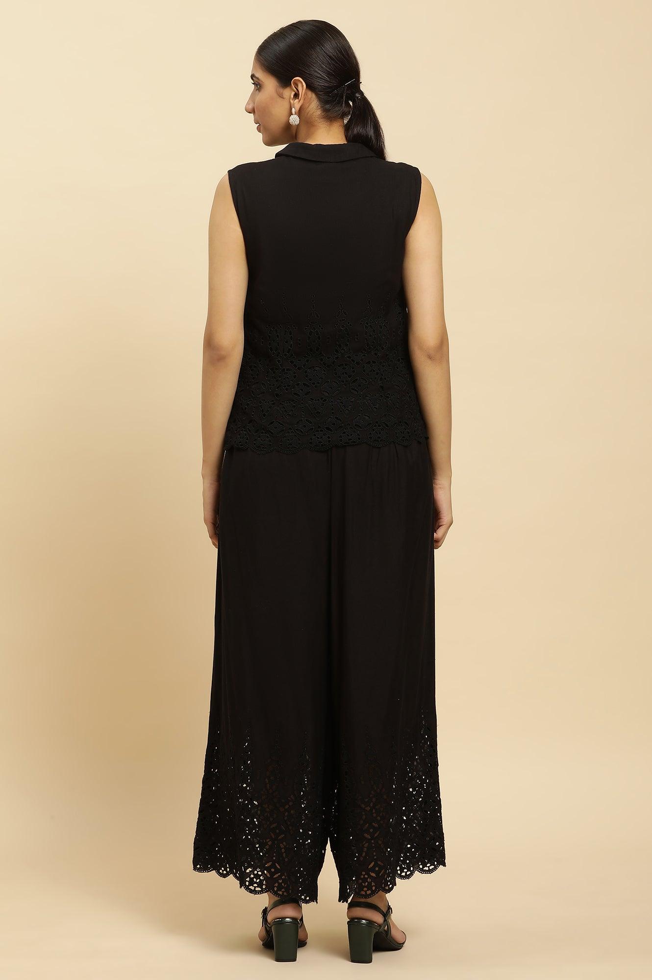 W for Woman Black Cotton Schiffli Top And Pants Co-Ord Set