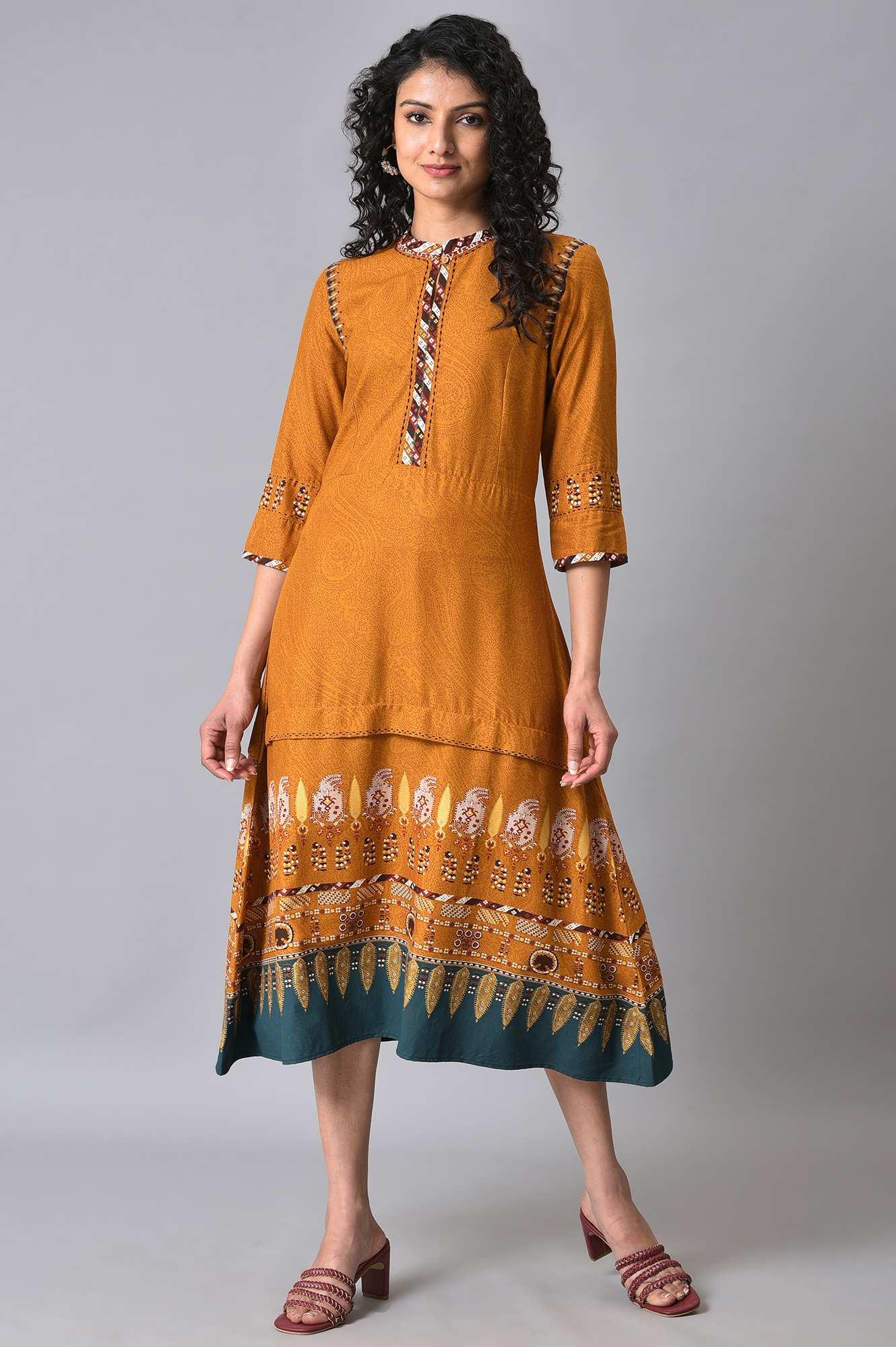 W for Woman Mustard Printed A-Line Dress