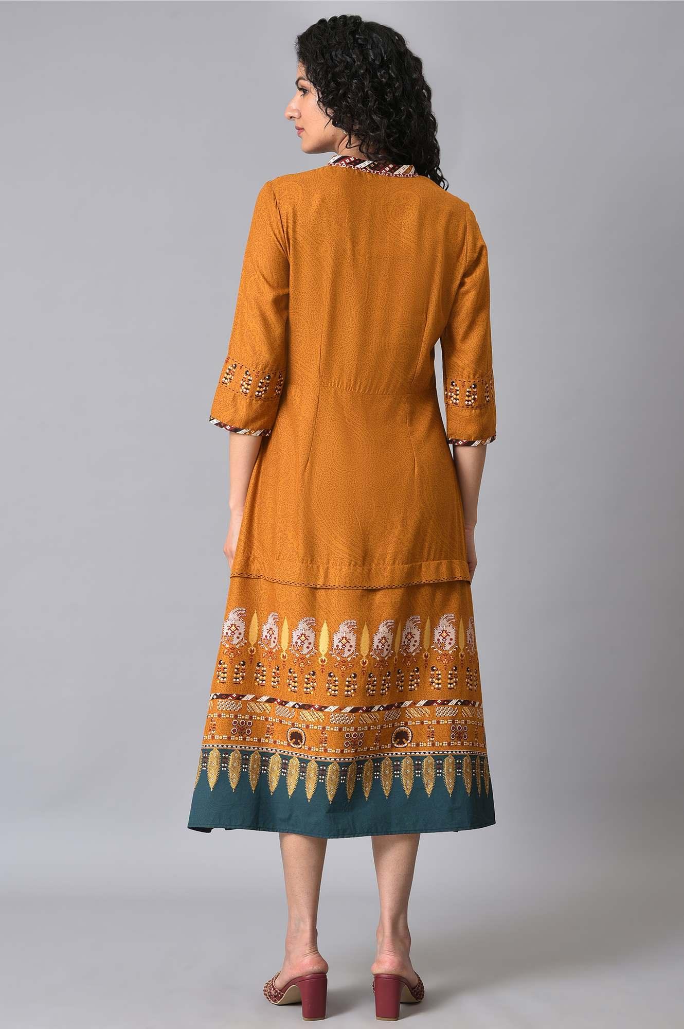 W for Woman Mustard Printed A-Line Dress