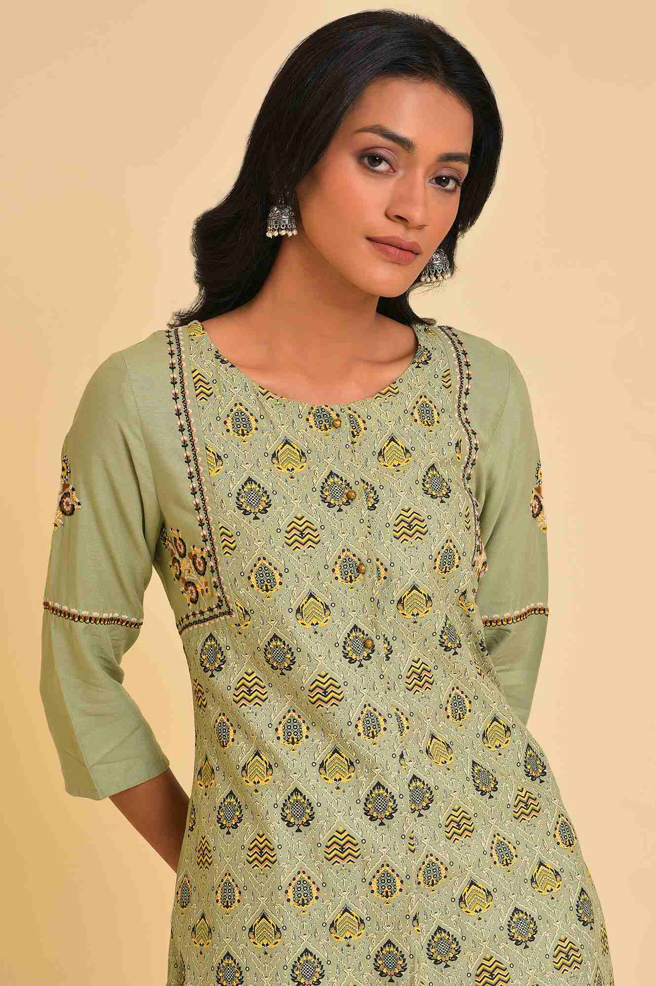 W for Woman Light Green Printed Thread Embroidered Rayon A-Line Kurta and Straight Pant Set