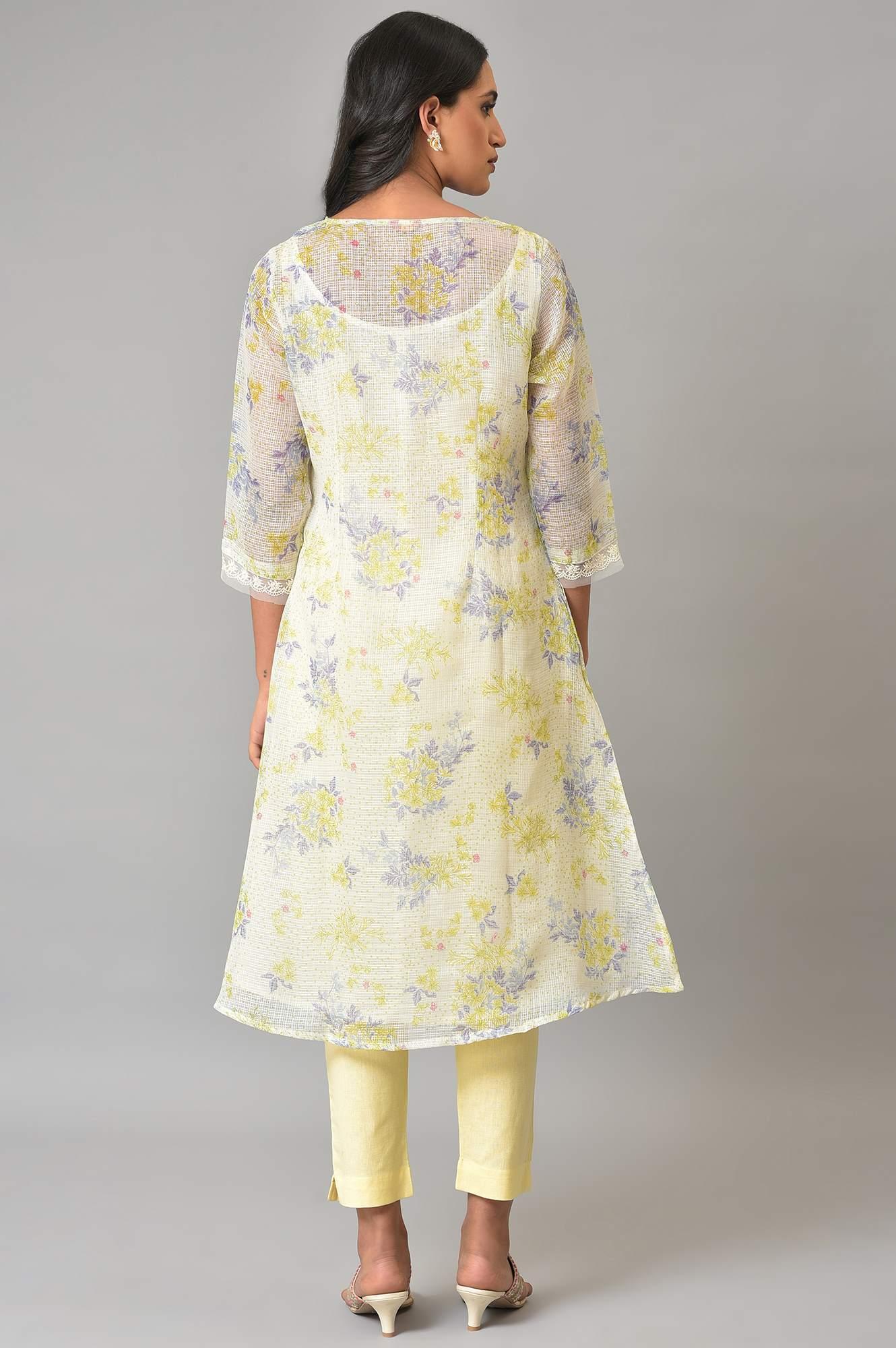 W for Woman Plus Size Ecru Floral Printed Kota Jacket With Sleeveless Inner kurta