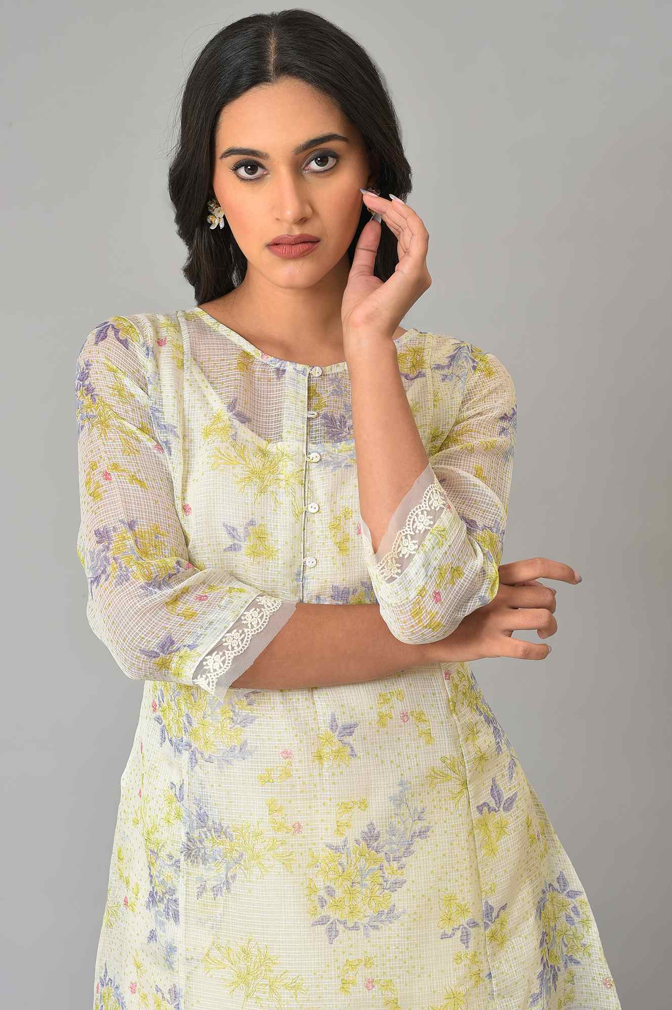 W for Woman Ecru Floral Printed Kota Inner Kurta