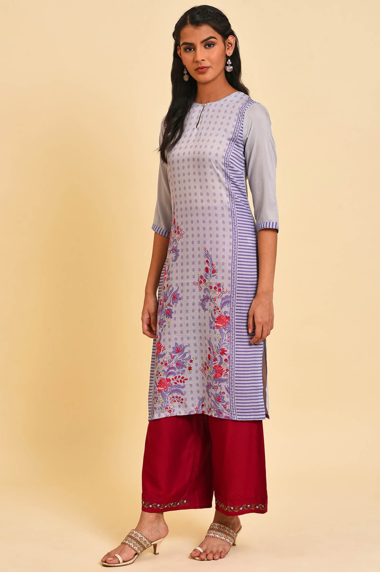 W for Woman Purple Print Mix Straight Summer Kurta