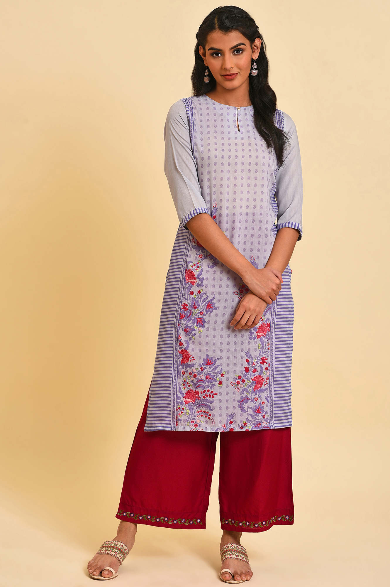 W for Woman Purple Print Mix Straight Summer Kurta