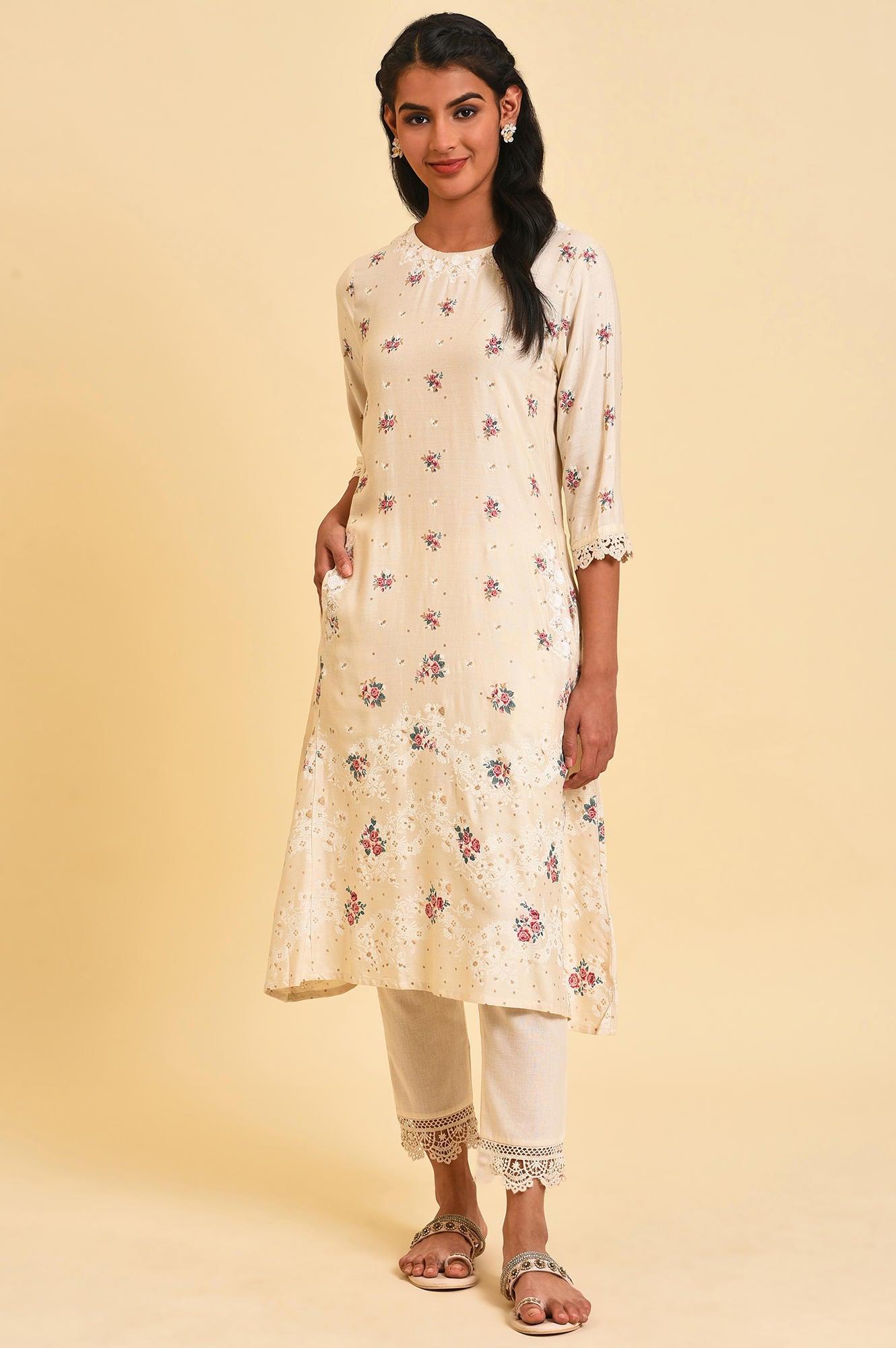 W for Woman Ecru Glitter Floral Print Mix kurta