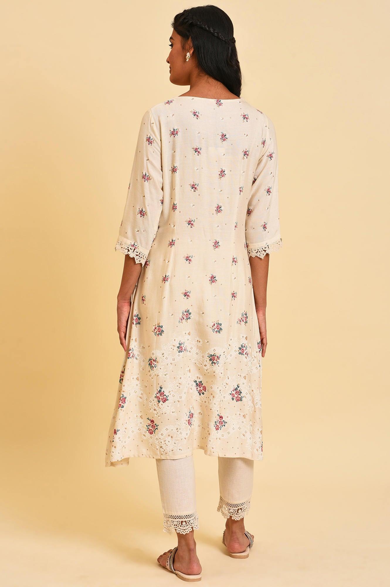 W for Woman Ecru Glitter Floral Print Mix Plus Size kurta