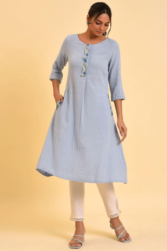 W for Woman Light Blue Embroidered Cotton Summer kurta
