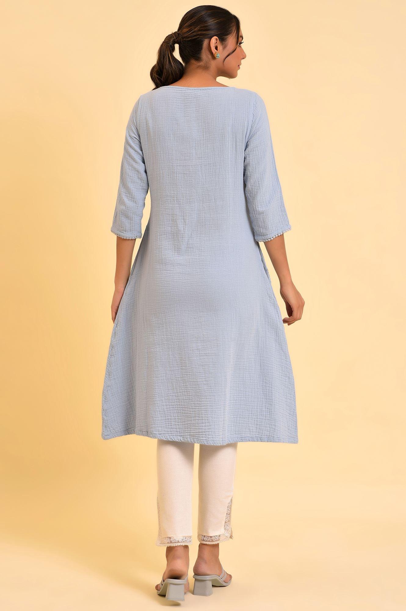 W for Woman Light Blue Embroidered Cotton Summer kurta