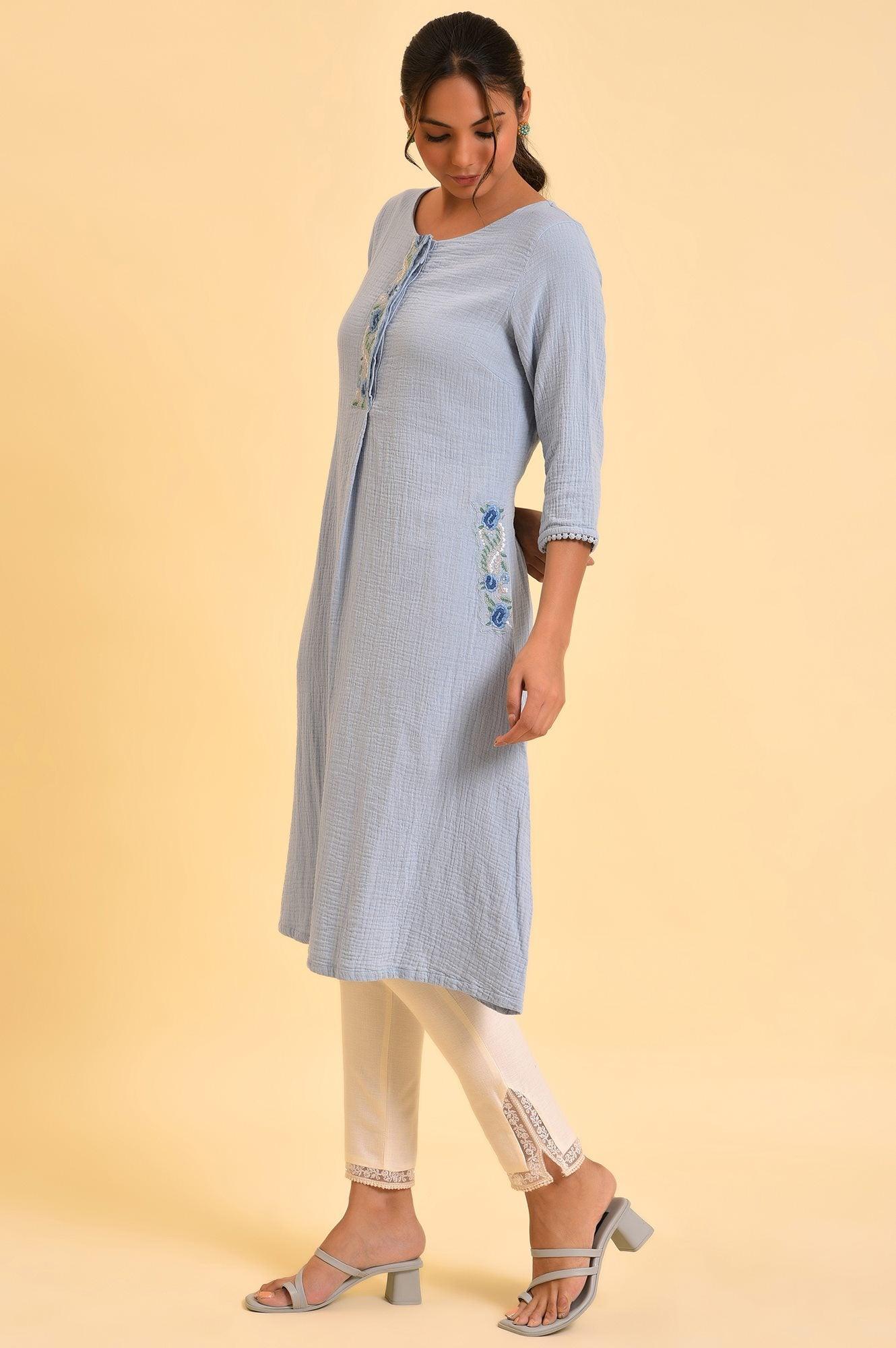 W for Woman Light Blue Embroidered Cotton Summer kurta