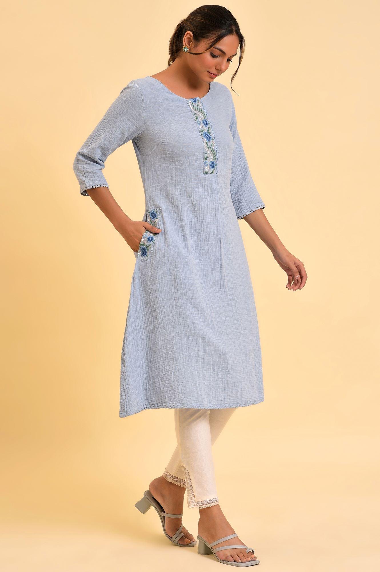 W for Woman Light Blue Embroidered Cotton Summer kurta