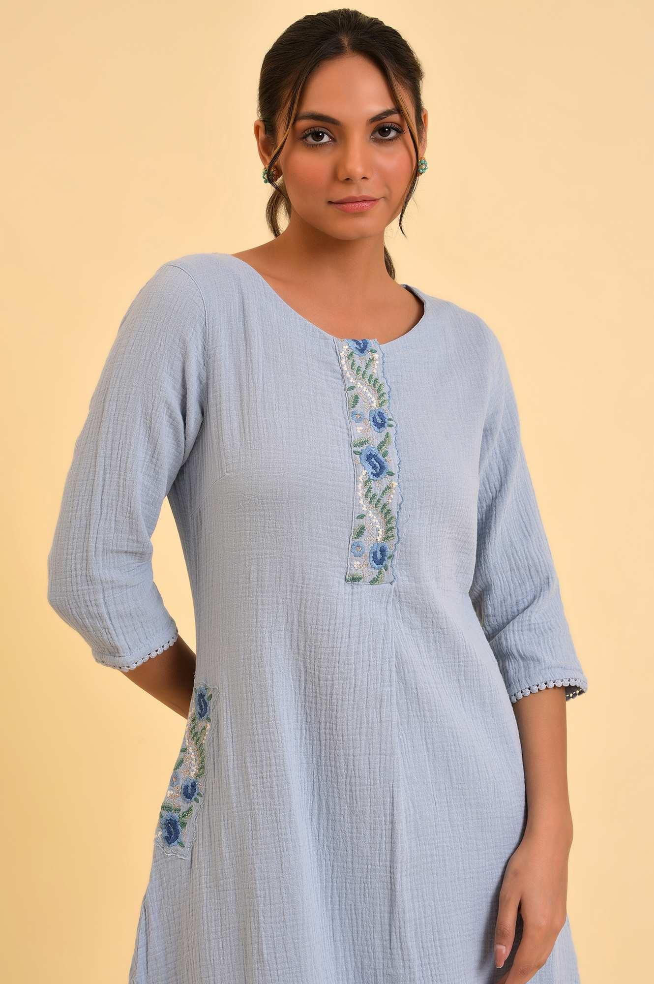 W for Woman Light Blue Embroidered Cotton Summer kurta