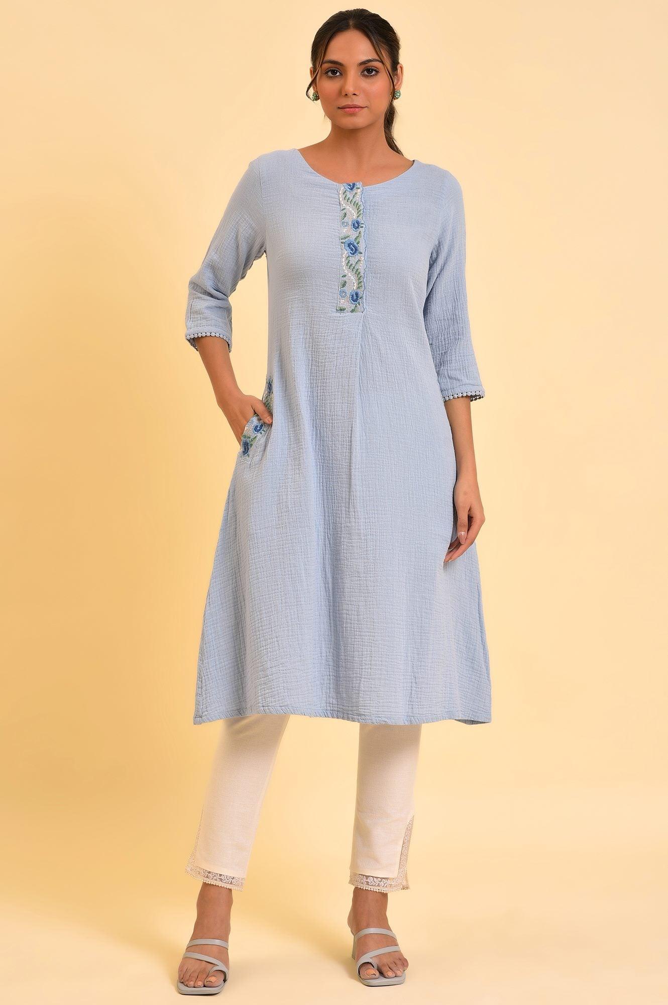 W for Woman Light Blue Embroidered Cotton Summer kurta