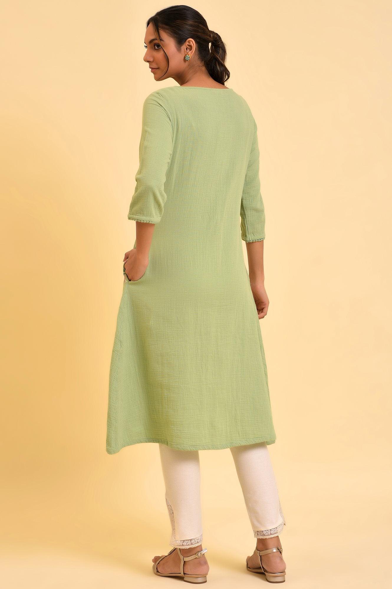 W for Woman Green Embroidered Cotton Summer kurta