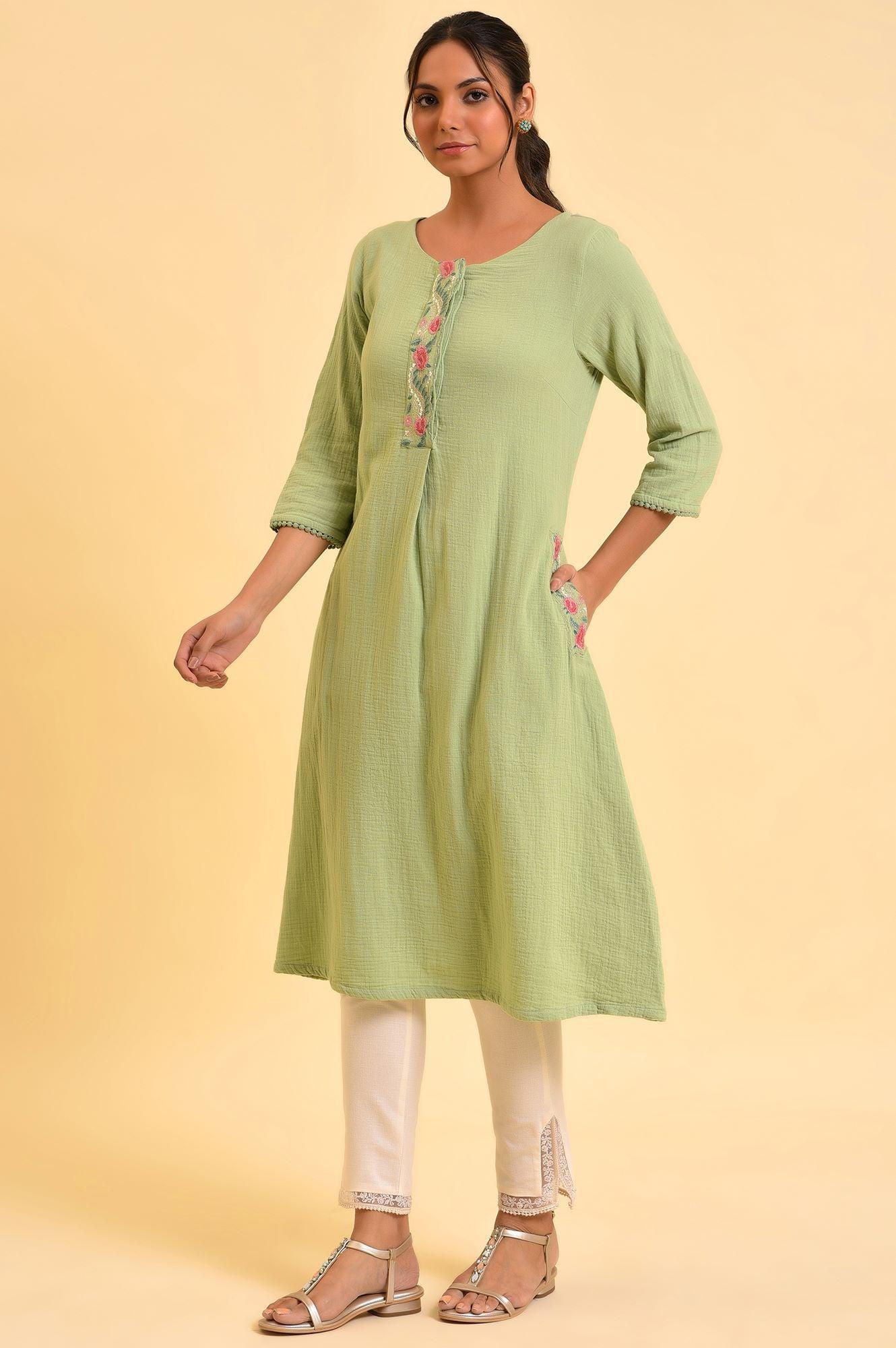 W for Woman Green Embroidered Cotton Summer kurta