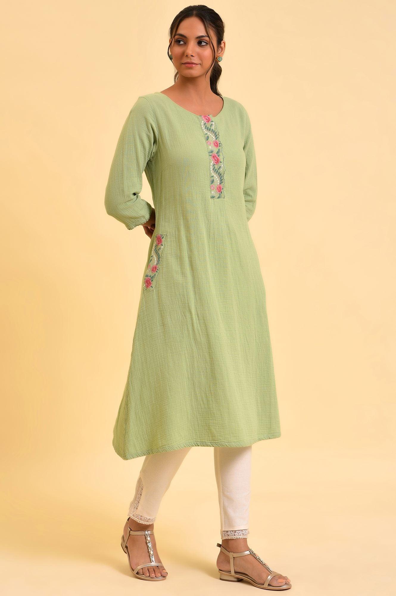 W for Woman Green Embroidered Cotton Summer kurta
