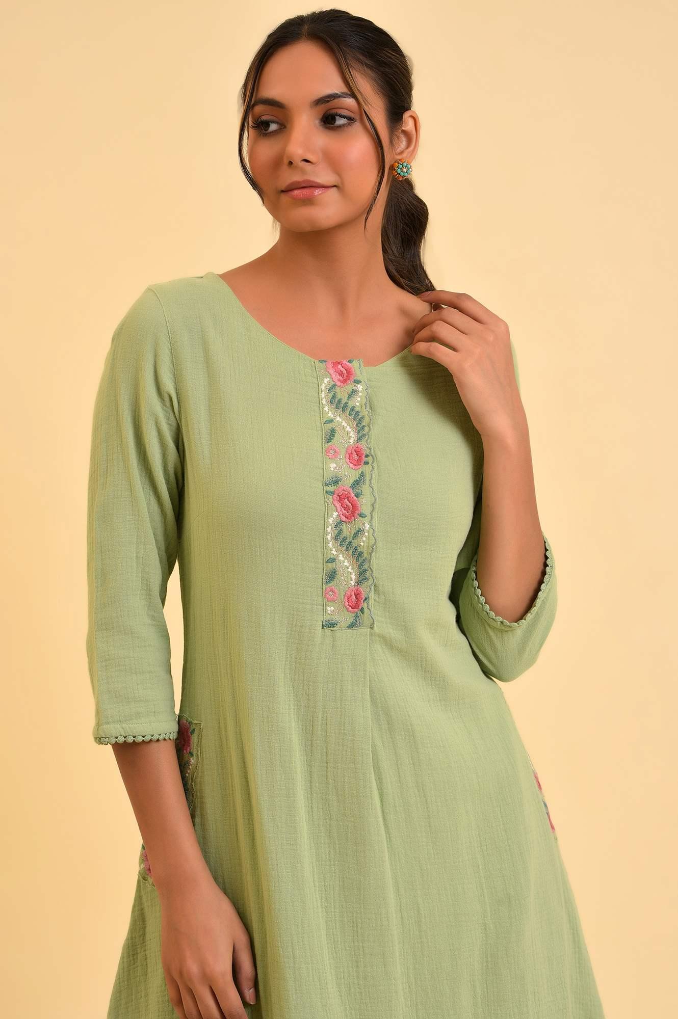 W for Woman Green Embroidered Cotton Summer kurta