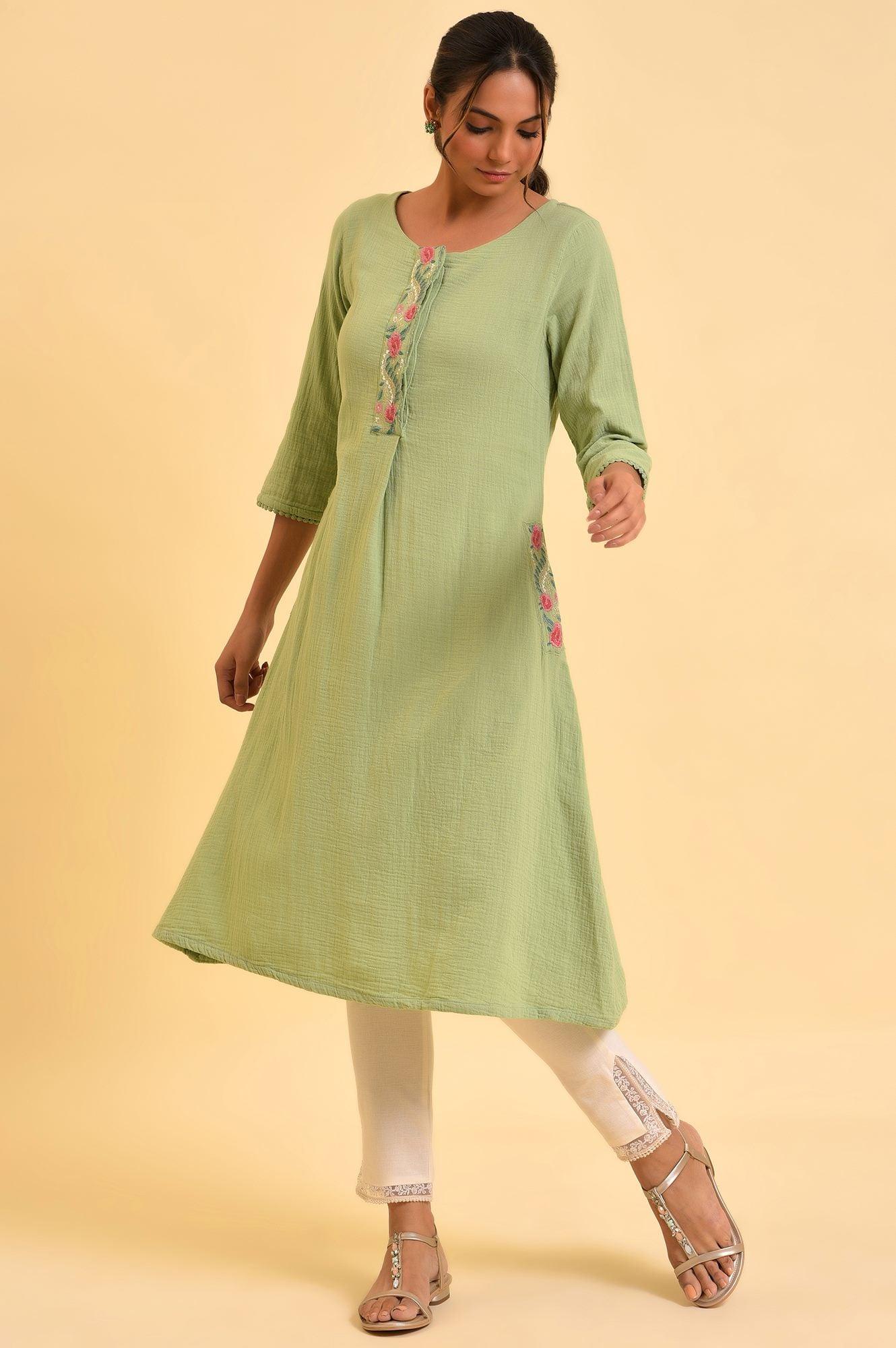 W for Woman Green Embroidered Cotton Summer kurta
