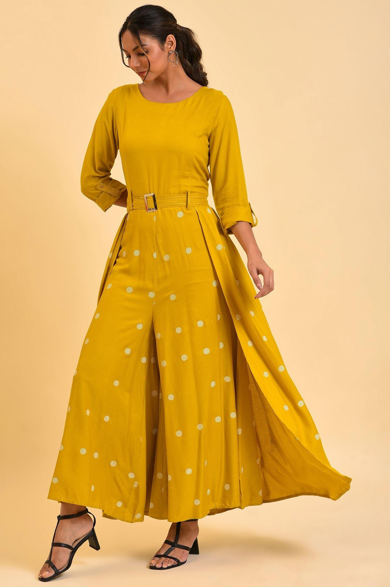 W for Woman Yellow Polka Dot Jumpsuit with Belt  Grab2Buy WforWoman Grab2Buy