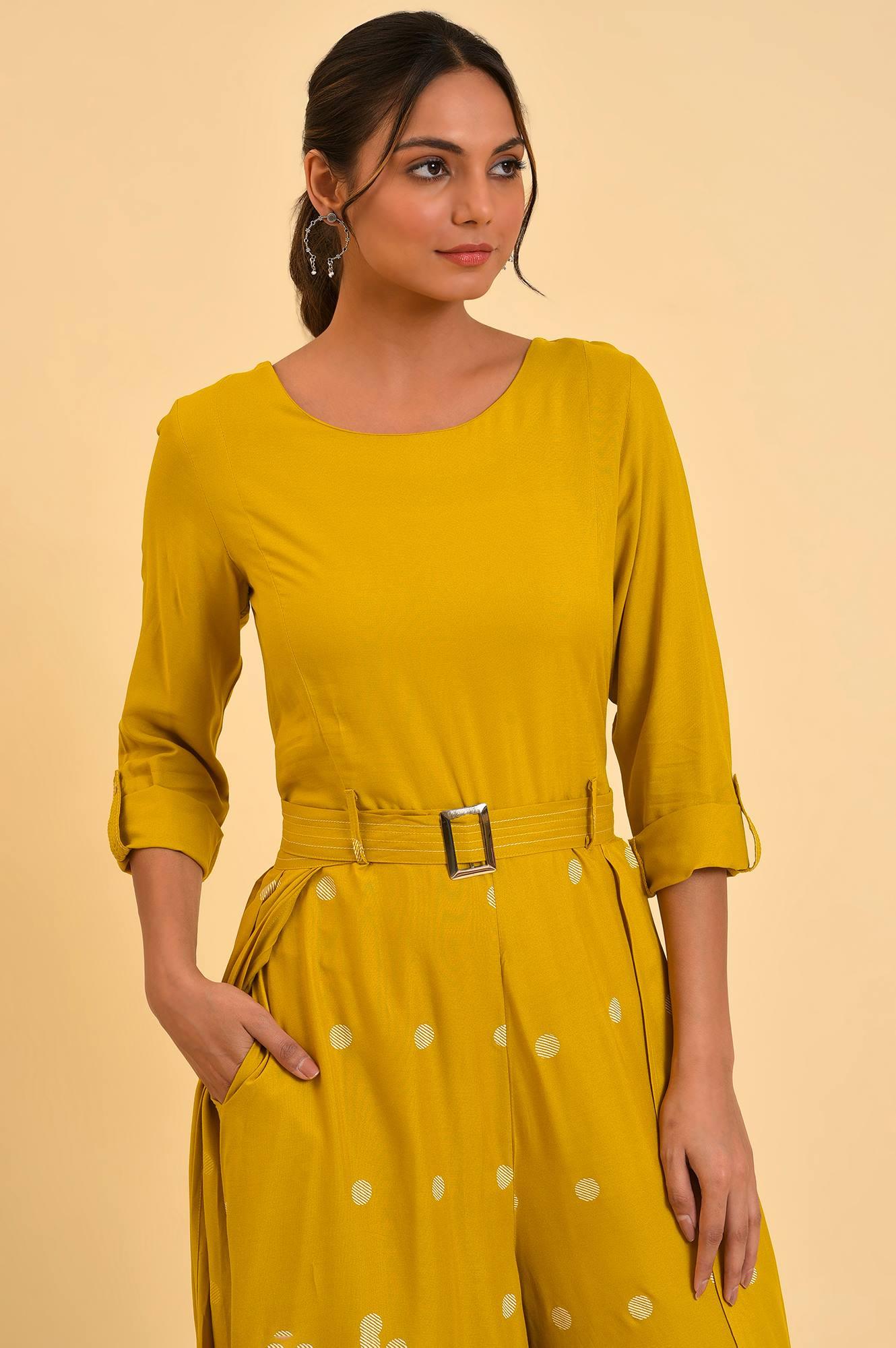 W for Woman Yellow Polka Dot Jumpsuit with Belt  Grab2Buy WforWoman Grab2Buy